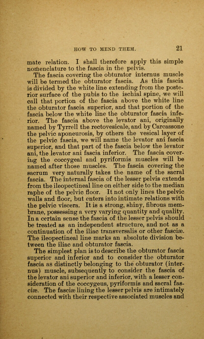 mate relation. I shall therefore apply this simple nomenclature to the fascia in the pelvis. The fascia covering the obturator intemus muscle will be termed the obturator fascia. As this fascia is divided by the white line extending from the poste- rior surface of the pubis to the ischial spine, we will call that portion of the fascia above the white line the obturator fascia superior, and that portion of the fascia below the white line the obturator fascia infe- rior. The fascia above the levator ani, originally named by Tyrrell the rectovesicale, and by Carcassone the pelvic aponeurosis, by others the vesical layer of the pelvic fascia, we will name the levator ani fascia superior, and that part of the fascia below the levator ani, the levator ani fascia inferior. The fascia cover- ing the coccygeal and pyriformis muscles will be named after those muscles. The fascia covering the sacrum very naturally takes the name of the sacral fascia. The internal fascia of the lesser pelvis extends from the ileopectineal line on either side to the median raphe of the pelvic floor. It not only lines the pelvic walls and floor, but enters into intimate relations with the pelvic viscera. It is a strong, shiny, fibrous mem- brane, possessing a very varying quantity and quality. In a certain sense the fascia of the lesser pelvis should be treated as an independent structure, and not as a continuation of the iliac transversalis or other fasciae. The ileopectineal line marks an absolute division be- tween the iliac and obturator fascia. The simplest plan is to describe the obturator fascia superior and inferior and to consider the obturator fascia as distinctly belonging to the obturator (inter- nus) muscle, subsequently to consider the fascia of the levator ani superior and inferior, with a lesser con- sideration of the coccygeus, pyriformis and sacral fas- ciae. The fasciae lining the lesser pelvis are intimately connected with their respective associated muscles and