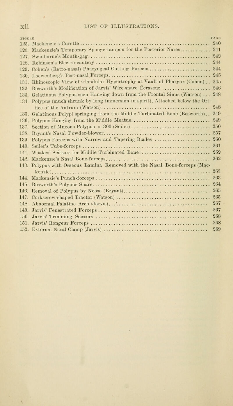 FIGUUE PACE 125. 3Iackenzie's Curette i40 12ti. Mackenzie's Temporary Sponge-tampon for the Posterior Nares 241 127. Swinburne's Moutn-gag 242 128. Robinson's Electro-cautery 244 129. Cohen's (Retro-nasal) Tharyngeal Cutting Forceps 244 130. Loewenberg's Pose-nasal Forceps 245 131. Rhinoscopic View of Glandular Hypertrophy at Vault of Pharynx (Cohen) .. 245 132. Bosworth's Modification of Jarvis' Wire-snare Ecraseur 240 133. Gelatinous Polypus seen Hanging down from the Frontal Sinus (Watson) ... 248 134. Polypus (much shrunk by long immersion in spirit), Attached below the Ori- fice of the Antrum (Watson) 248 135. Gelatinous Polypi springing from the Middle Turbinated Bone (Bosworth).. 249 136. Polypus Hanging from the iNIiddle Meatus 249 137. Section of Mucous Polypus x 300 (Seller) 250 138. Bryant's Nasal Powder-blower 257 139. Polypus Forceps with Narrow and Tapering Blades 200 140. Seller's Tube-forceps 261 141. Woakes' Scissors for Middle Turbinated Bone 262 142. Mackenzie's Nasal Bone-forceps 262 14o. Polypus with Osseous Lamina Removed with the Nasal Bone-forceijs (Mac- kenzie) 263 144. Mackenzie's Punch-forceps 263 145. Bosworth's Polypus Snare 204 146. Removal of Polypus by Noose (Bryant) 205 147. Corkscrew-shaped Tractor (Watson) 205 148. Abnormal Palatine Arch (Jarvis)...' 207 149. Jarvis' Fenestrated Forceps 207 150. Jarvis' Trimming Scissors 208 151. Jarvis' Rongeur Forceps 268 152. E.\;ternal Nasal Clamp (Jarvis) 269