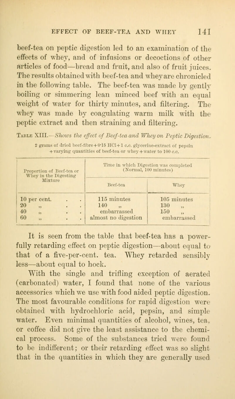 beef-tea on peptic digestion led to an examination of the effects of whey, and of infusions or decoctions of other articles of food—bread and fruit, and also of fruit juices. The results obtained with beef-tea and whey are chronicled in the following table. The beef-tea was made by gently boiling or simmering lean minced beef with an equal weight of water for thirty minutes, and filtering. The whey was made by coagulating warm milk with the peptic extract and then straining and filtering. Table XIII.— Slwics the effect of Beef-tea and Whey on Peptic Digestion. 2 grams of dried lieef-fibre+0-15 HC1+1 c.c. glycerine-extract of pepsin + varying quantities of beef-tea or whey + water to 100 c.c. Proportion of Beef-tea or Winy in the Digesting Mixture Time in which Digestion was completed ( Normal, 100 minute-) Beef-tea Whej 10 per cent. 20 . . 40 . CO . . 115 minutes 140 embarrassed almost no digestion 105 minutes 130 150 embarrassed It is seen from the table that beef-tea has a power- fully retarding effect on peptic digestion—about equal to that of a five-per-cent. tea. Whey retarded sensibly less—about equal to hock. With the single and trifling exception of aerated (carbonated) water, I found that none of the various accessories which we use with food aided peptic digestion. The most favourable conditions for rapid digestion were obtained with hydrochloric acid, pepsin, and simple water. Even minimal quantities of alcohol, wines, tea. or coffee did not give the least assistance to the chemi- cal process. Some of the substances tried were found to be indifferent; or their retarding effect was so slight that in the quantities in which the}' are generally used