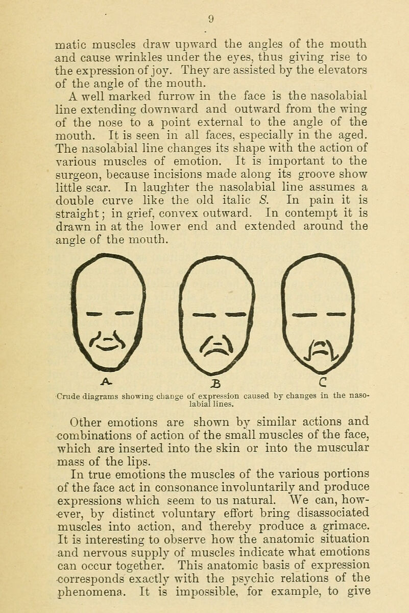 matic muscles draw upward the angles of the mouth and cause wrinkles under the eyes, thus giving rise to the expression of joy. They are assisted by the elevators of the angle of the mouth. A well marked furrow in the face is the nasolabial line extending downward and outward from the wing of the nose to a point external to the angle of the mouth. It is seen in all faces, especially in the aged. The nasolabial line changes its shape with the action of various muscles of emotion. It is important to the surgeon, because incisions made along its groove show little scar. In laughter the nasolabial line assumes a double curve like the old italic S. In pain it is straight; in grief, convex outward. In contempt it is drawn in at the lower end and extended around the anofle of the mouth. Crude diagrams showing cliaoge of expression caused by changes in the naso- labial lines. Other emotions are shown by similar actions and combinations of action of the small muscles of the face, which are inserted into the skin or into the muscular mass of the lips. In true emotions the muscles of the various portions of the face act in consonance involuntarily and produce expressions which seem to us natural. We can, how- ■ever, by distinct voluntary effort bring disassociated muscles into action, and thereby produce a grimace. It is interesting to observe how the anatomic situation and nervous supply of muscles indicate what emotions can occur together. This anatomic basis of expression <;orresponds exactly with the psychic relations of the phenomena. It is impossible, for example, to give