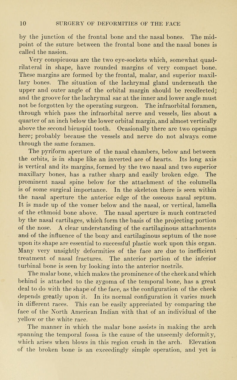 by the junction of the frontal bone and the nasal bones. The mid- point of the suture between the frontal bone and the nasal bones is called the nasion. Very conspicuous are the two eye-sockets which, somewhat quad- rilateral in shape, have rounded margins of very compact bone. These margins are formed by the frontal, malar, and superior maxil- lary bones. The situation of the lachrymal gland underneath the upper and outer angle of the orbital margin should be recollected; and the groove for the lachrymal sac at the inner and lower angle must not be forgotten by the operating surgeon. The infraorbital foramen, through which pass the infraorbital nerve and vessels, lies about a quarter of an inch below the lower orbital margin, and almost vertically above the second bicuspid tooth. Ocasionally there are two openings here; probably because the vessels and nerve do not always come through the same foramen. The pyriform aperture of the nasal chambers, below and between the orbits, is in shape like an inverted ace of hearts. Its long axis is vertical and its margins, formed by the two nasal and two superior maxillary bones, has a rather sharp and easily broken edge. The prominent nasal spine below for the attachment of the columella is of some surgical importance. In the skeleton there is seen within the nasal aperture the anterior edge of the osseous nasal septum. It is made up of the vomer below and the nasal, or vertical, lamella of the ethmoid bone above. The nasal aperture is much contracted by the nasal cartilages, which form the basis of the projecting portion of the nose. A clear understanding of the cartilaginous attachments an4 of the influence of the bony and cartilaginous septum of the nose upon its shape are essential to successful plastic work upon this organ. Many very unsightly deformities of the face are due to inefficient treatment of nasal fractures. The anterior portion of the inferior turbinal bone is seen by looking into the anterior nostrils. The malar bone, which makes the prominence of the cheek and which behind is attached to the zygoma of the temporal bone, has a great deal to do with the shape of the face, as the configuration of the cheek depends greatly upon it. In its normal configuration it varies much in different races. This can be easily appreciated by comparing the face of the North American Indian with that of an individual of the yellow or the white race. The manner in which the malar bone assists in making the arch spanning the temporal fossa is the cause of the unseemly deformity, which arises when blows in this region crush in the arch. Elevation of the broken bone is an exceedingly simple operation, and yet is