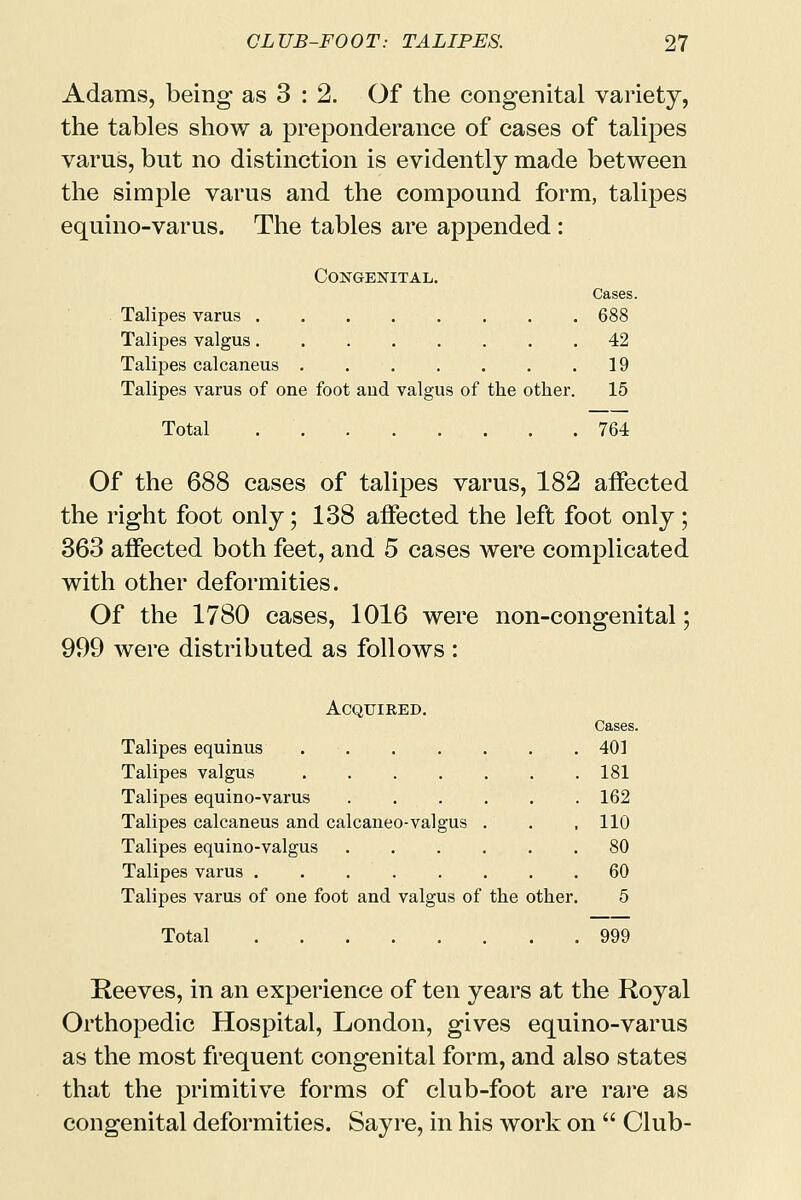 Adams, being- as 3 : 2. Of the congenital variety, the tables show a preponderance of cases of talipes varus, but no distinction is evidently made between the simple varus and the compound form, talipes equino-varus. The tables are appended: Congenital. Cases. Talipes varus 688 Talipes valgus 42 Talipes calcaneus .19 Talipes varus of one foot and valgus of the other. 15 Total 764 Of the 688 cases of talipes varus, 182 affected the right foot only; 138 affected the left foot only; 363 affected both feet, and 5 cases were complicated with other deformities. Of the 1780 cases, 1016 were non-congenital; 999 were distributed as follows : Acquired. Cases. Talipes equinus 401 Talipes valgus 181 Talipes equino-varus 162 Talipes calcaneus and calcaneo-valgus . . ,110 Talipes equino-valgus 80 Talipes varus 60 Talipes varus of one foot and valgus of the other. 5 Total 999 Reeves, in an experience of ten years at the Royal Orthopedic Hospital, London, gives equino-varus as the most frequent congenital form, and also states that the primitive forms of club-foot are rare as congenital deformities. Sayre, in his work on  Club-