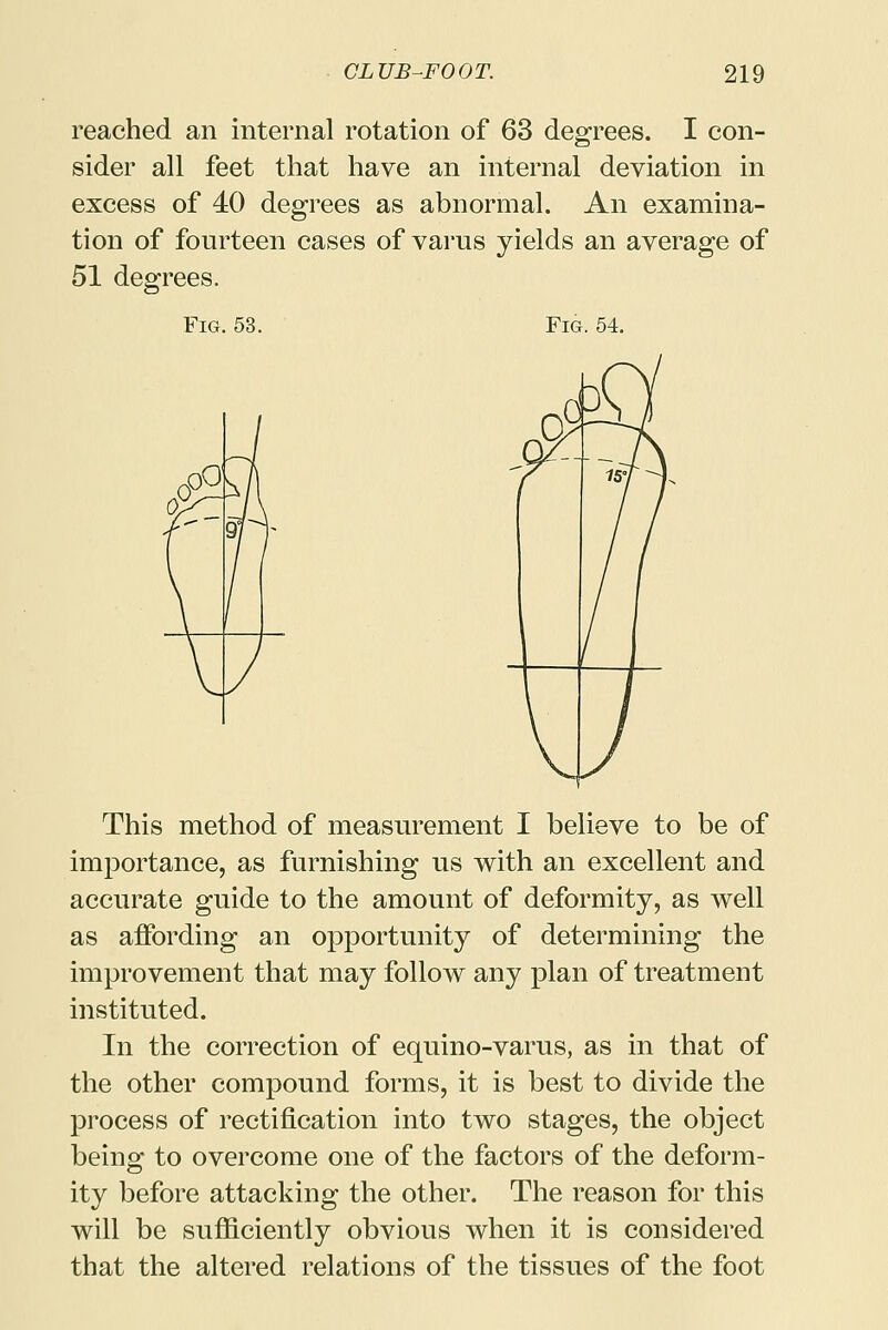 reached an internal rotation of 63 degrees. I con- sider all feet that have an internal deviation in excess of 40 degrees as abnormal. An examina- tion of fourteen cases of varus yields an average of 51 degrees. Fig. 53. Fig. 54. This method of measurement I believe to be of importance, as furnishing us with an excellent and accurate guide to the amount of deformity, as well as affording an opportunity of determining the improvement that may follow any plan of treatment instituted. In the correction of equino-varus, as in that of the other compound forms, it is best to divide the process of rectification into two stages, the object being to overcome one of the factors of the deform- ity before attacking the other. The reason for this will be sufficiently obvious when it is considered that the altered relations of the tissues of the foot