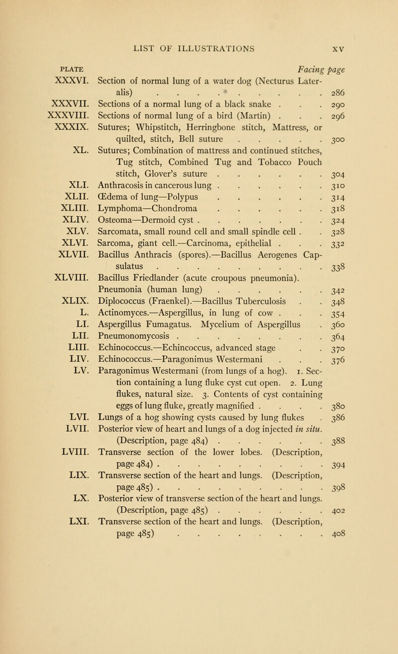 PLATE XXXVI. XXXVII. XXXVIII. XXXIX. XL. XLI. XLII. XLIII. XLIV. XLV. XL VI. XL VII. XLVIII. XLIX. L. LI. LII. LIII. LIV. LV. LVI. LVII. LVIII. LIX. LX. LXI. Facing page Section of normal lung of a water dog (Necturus Later- alis) ... . •■ 286 Sections of a normal lung of a black snake . . . 290 Sections of normal lung of a bird (Martin) . . . 296 Sutures; Whipstitch, Herringbone stitch, Mattress, or quilted, stitch. Bell suture 300 Sutures; Combination of mattress and continued stitches. Tug stitch. Combined Tug and Tobacco Pouch stitch. Glover's suture Anthracosis in cancerous lung (Edema of lung—Polypus Lymphoma—Chondroma Osteoma—Dermoid cyst . Sarcomata, small round cell and small spindle cell . Sarcoma, giant cell.—Carcinoma, epithelial . Bacillus Anthracis (spores).—Bacillus Aerogenes Cap sulatus Bacillus Friedlander (acute croupous pneumonia). Pneumonia (human lung) Diplococcus (Fraenkel).—Bacillus Tuberculosis Actinomyces.—Aspergillus, in lung of cow . Aspergillus Fumagatus. Mycelium of Aspergillus Pneumonomycosis Echinococcus.—Echincoccus, advanced stage Echinococcus.—Paragonimus Westermani Paragonimus Westermani (from lungs of a hog), i. Sec- tion containing a lung fluke cyst cut open. 2. Lung flukes, natural size. 3. Contents of cyst containing eggs of lung fluke, greatly magnified .... Lungs of a hog showing cysts caused by lung flukes Posterior view of heart and lungs of a dog injected in situ. (Description, page 484) Transverse section of the lower lobes. (Description, page 484) Transverse section of the heart and lungs. (Description, page 485) Posterior view of transverse section of the heart and lungs. (Description, page 485) Transverse section of the heart and lungs. (Description, page 485) . . . . , 304 310 314 318 324 328 332 338 342 348 354 360 364 370 376 380 386 388 394 398 402 408