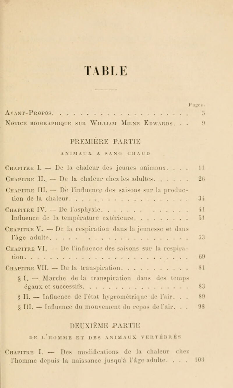 TAULE Avant-Propos .> Notice biographique sur William Milne Edwards. . . !) PREMIERE PARTIE ANIMAUX A SANG i II A i ii Chapitre I. — De la chaleur des j>'iiii.'> animaux. ... Il Chapitre II. — De la chaleur chez les adultes 2G Chapitre III.— De l'influencç des —;iî~-<»ii-^ sur la produc- tion de la chaleur 34 Chapitre IV. — De l'asphyxie i' Influence de la température extérieure 51 Chapitre Y. — !)•• la respiration dans la jeunesse el dans adulte •'••'■ Chapitre VI. — De l'influence des saisons sur la respira- tion 69 Chapitre VII. — De la transpiration si S I, — Marche de la transpiration dans des temps égaux '■' successifs s '■ S II. — Influence de l'étal hygrométrique de l'air. . . g III. — Influence 'lu mouvement 'lu repos de l'air. . . 98 DEUXIÈME PARTIE DE L'iIOM M 1. Kl DBS INIM AUX \ 1 K l B I: R BS Chapitre I. — Dos modifications il'- la chaleur cliei l'homme depuis la naissance jusqu'à l'âge adulte. ... 103