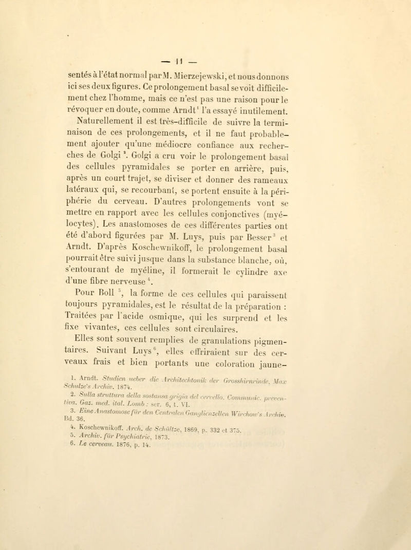 sentes à Fêtai normal par M. Mierzejewski, et nous donnons ici ses deux figures. Ce prolongement basai se voit difficile- ment chez l'homme, mais ce n'est pas une raison pour le révoquer en doute, comme Arndt1 l'a essayé inutilement. Naturellement il est très-difficile de suivre la termi- naison de ces prolongements, et il ne faut probable- ment ajouter qu'une médiocre confiance aux recher- ches de Golgi \ Golgi a cru voir le prolongement basai des cellules pyramidales se porter en arrière, puis, après un court trajet, se diviser et donner des rameaux latéraux qui, se recourbant, se portent ensuite à la péri- phérie du cerveau. D'autres prolongements vont se mettre en rapport avec les cellules conjonctives (myé- locytes). Les anastomoses de ces différentes parties ont été d'abord figurées par M. Lnys, puis par Besser' et Arndt. D'après Koschewnikoff, le prolongement basai pourrait être suivi jusque dans la substance blanche, où. s'entourant de myéline, il formerait le cylindre axe d'une fibre nerveuse *. Pour Boll ', la forme de ces cellules qui paraissent toujours pyramidales, est le résultat de la préparation : Traitées par l'acide osmique, qui les surprend et les fixe vivantes, ces cellules sont circulaires. Elles sont souvent remplies de granulations pigmen- taires. Suivant Luys, elles offriraient sur des cer- veaux frais et bien portants une coloration jaune- 1. Arndt. Studien ueber die Architechtonik lier Gross Vax Schulse's Archio. 1874. 2. Sulla struttur **, g,.igia ,,,., „.,„./;,_,. Communie, pn ttva. Gaz. med. ital. Lomb: ser. 6, t. VI. 3. EineAnastomosefûrden CentralenGanglienseUen Wirchow's Archw. Bd. 36. i. Koschewnikoff. Arch. de Schûltze, 1869. p. 332 ,t 375. ô. Archio. fur Psychiatrie, 1873.