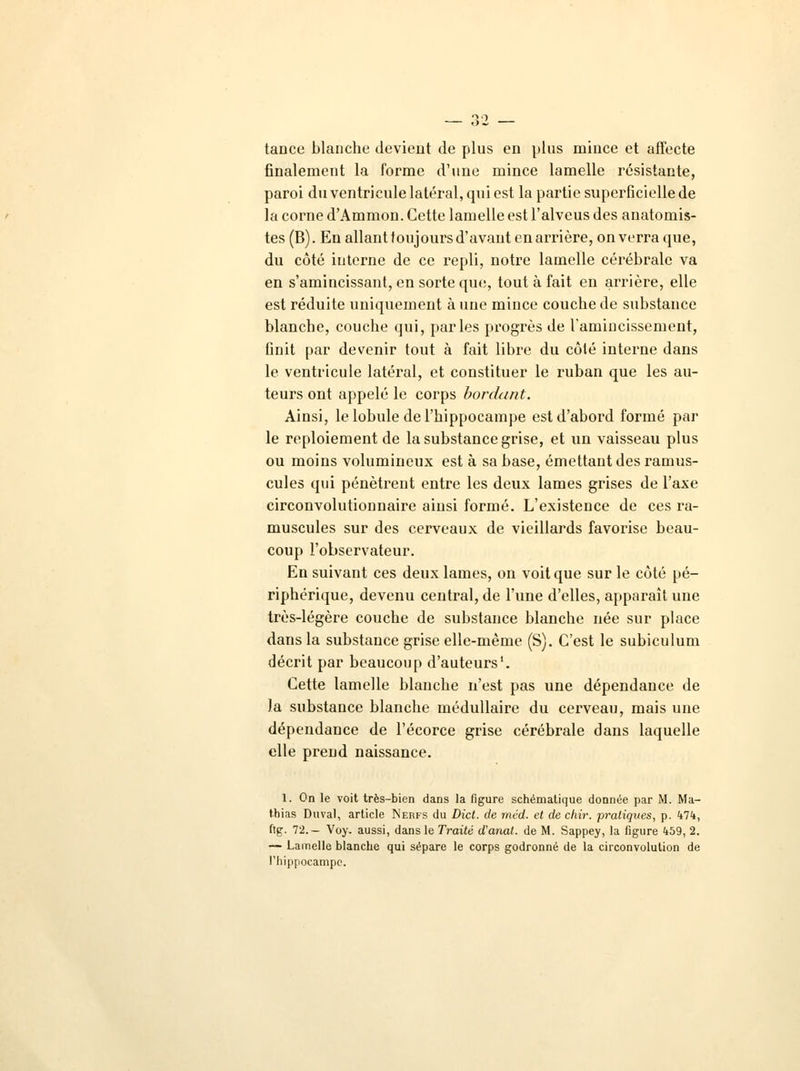 tance blanche devient de plus en plus mince et affecte finalement la forme d'une mince lamelle résistante, paroi du ventricule latéral, qui est la partie superficielle de la corne d'Ammon. Cette lamelle est l'alveus des anatomis- tes (B). En allant toujours d'avant en arrière, on verra que, du côté interne de ce repli, notre lamelle cérébrale va en s'amincissant, en sorte que, tout à fait en arrière, elle est réduite uniquement à une mince couche de substance blanche, couche qui, parles progrès de l'amincissement, finit par devenir tout à fait libre du côté interne dans le ventricule latéral, et constituer le ruban que les au- teurs ont appelé le corps bordant. Ainsi, le lobule de l'hippocampe est d'abord formé par le reploiement de la substance grise, et un vaisseau plus ou moins volumineux est à sa base, émettant des ramus- cules qui pénètrent entre les deux lames grises de l'axe circonvolutionnaire ainsi formé. L'existence de ces ra- muscules sur des cerveaux de vieillards favorise beau- coup l'observateur. En suivant ces deux lames, on voit que sur le côté pé- riphérique, devenu central, de l'une d'elles, apparaît une très-légère couche de substance blanche née sur place dans la substance grise elle-même (S). C'est le subiculum décrit par beaucoup d'auteurs1. Cette lamelle blanche n'est pas une dépendance de la substance blanche médullaire du cerveau, mais une dépendance de l'écorce grise cérébrale dans laquelle elle prend naissance. 1. On le voit très-bien dans la figure schématique donnée par M. Ma- thias Duval, article Nerfs du Dict. de méd. et de chir. pratiques, p. 474, ftg. 72.— Voy. aussi, dans le Traité d'anat. de M. Sappey, la figure 459, 2. — Lamelle blanche qui sépare le corps godronné de la circonvolution de l'hippocampe.