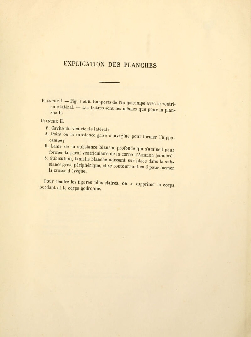 EXPLICATION DES PLANCHES Planche I. - Fig. I et 2. Rapports de l'hippocampe avec le ventri- cule latéral. - Les lettres sont les mêmes que pour la plan- che II. r Planche II. V. Cavité du ventricule latéral ; A. Point où la substance grise 's'invagine pour former ïhipno- campe;  B. Lame de la substance blanche profonde qui s'amincit pour former la paroi ventriculaire de la corne d'Ammon (cuneus) • S. Subiculum, lamelle blanche naissant sur place dans la sub- stance grise périphérique, et se contournant en G pour former la crosse d'évèque. Pour rendre les figures plus claires, on a supprimé le corps bordant et le corps godronné.