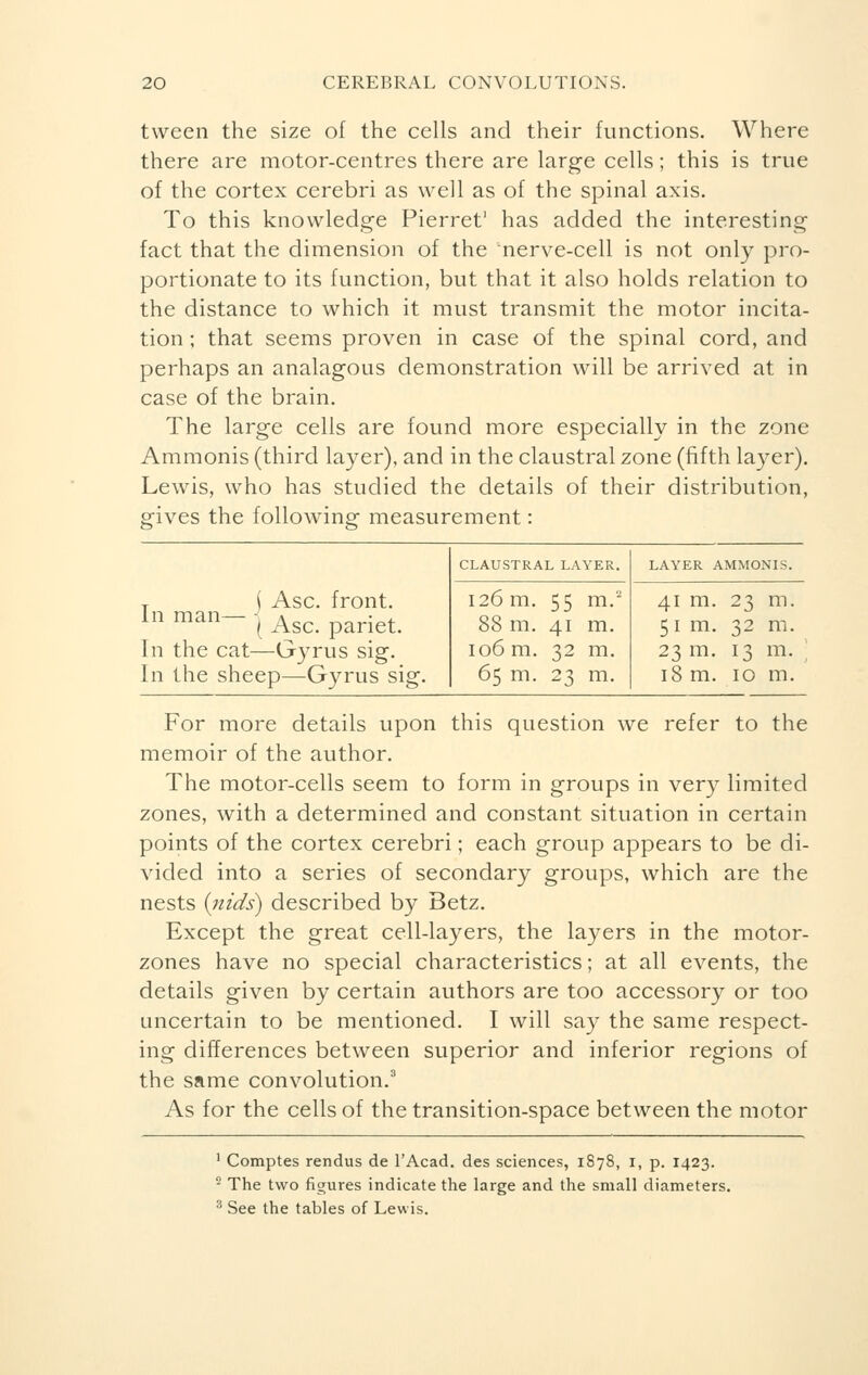 tween the size of the cells and their functions. Where there are motor-centres there are large cells ; this is true of the cortex cerebri as well as of the spinal axis. To this knowledge Pierret1 has added the interesting fact that the dimension of the 'nerve-cell is not only pro- portionate to its function, but that it also holds relation to the distance to which it must transmit the motor incita- tion ; that seems proven in case of the spinal cord, and perhaps an analagous demonstration will be arrived at in case of the brain. The large cells are found more especially in the zone Ammonis (third layer), and in the claustral zone (fifth layer). Lewis, who has studied the details of their distribution, gives the following measurement : In man- Asc. front. Asc. pariet. In the cat—Gyrus sig. In the sheep—Gyrus sig. CLAUSTRAL LAYER. 126 m. 55 m.2 88 m. 41 m. 106 m. 32 m. 65 m. 23 m. LAYER AMMONIS. 41 m. 23 m. 51m. 32 m. 23 m. 13 m. 18 m. 10 m. For more details upon this question we refer to the memoir of the author. The motor-cells seem to form in groups in very limited zones, with a determined and constant situation in certain points of the cortex cerebri ; each group appears to be di- vided into a series of secondary groups, which are the nests {nids) described by Betz. Except the great cell-layers, the layers in the motor- zones have no special characteristics ; at all events, the details given by certain authors are too accessory or too uncertain to be mentioned. I will say the same respect- ing differences between superior and inferior regions of the same convolution.3 As for the cells of the transition-space between the motor 1 Comptes rendus de l'Acad. des sciences, 1878, 1, p. 1423. - The two figures indicate the large and the small diameters. 3 See the tables of Lewis.