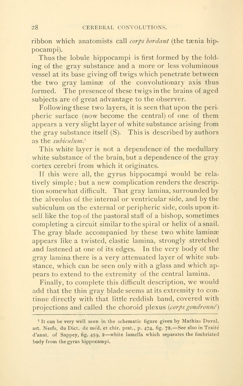 ribbon which anatomists call corps bordant (the taenia hip- pocampi). Thus the lobule hippocampi is first formed by the fold- ing of the gray substance and a more or less voluminous vessel at its base giving off twigs which penetrate between the two gray laminae of the convolutionary axis thus formed. The presence of these twigs in the brains of aged subjects are of great advantage to the observer. Following these two layers, it is seen that upon the peri- pheric surface (now become the central) of one of them appears a very slight layer of white substance arising from the gray substance itself (S). This is described by authors as the subiculum.1 This white layer is not a dependence of the medullary white substance of the brain, but a dependence of the gray cortex cerebri from which it originates. If this were all, the gyrus hippocampi would be rela- tively simple ; but a new complication renders the descrip- tion somewhat difficult. That gray lamina, surrounded by the alveolus of the internal or ventricular side, and by the subiculum on the external or peripheric side, coils upon it- self like the top of the pastoral staff of a bishop, sometimes completing a circuit similar to the spiral or helix of a snail. The gray blade accompanied by these two white laminas appears like a twisted, elastic lamina, strongly stretched and fastened at one of its edges. In the very body of the gray lamina there is a very attenuated layer of white sub- stance, which can be seen only with a glass and which ap- pears to extend to the extremity of the central lamina. Finally, to complete this difficult description, we would add that the thin gray blade seems at its extremity to con- tinue directly with that little reddish band, covered with projections and called the choroid plexus (corpsgoudronné) 1 It can be very well seen in the schematic figure given by Mathias Duval, art. Nerfs, du Diet, de méd. et chir. prat., p. 474, fig. 72.—See also in Traité d'anat. of Sappey, fig. 459, 2—white lamella which separates the fimbriated body from the gyrus hippocampi.