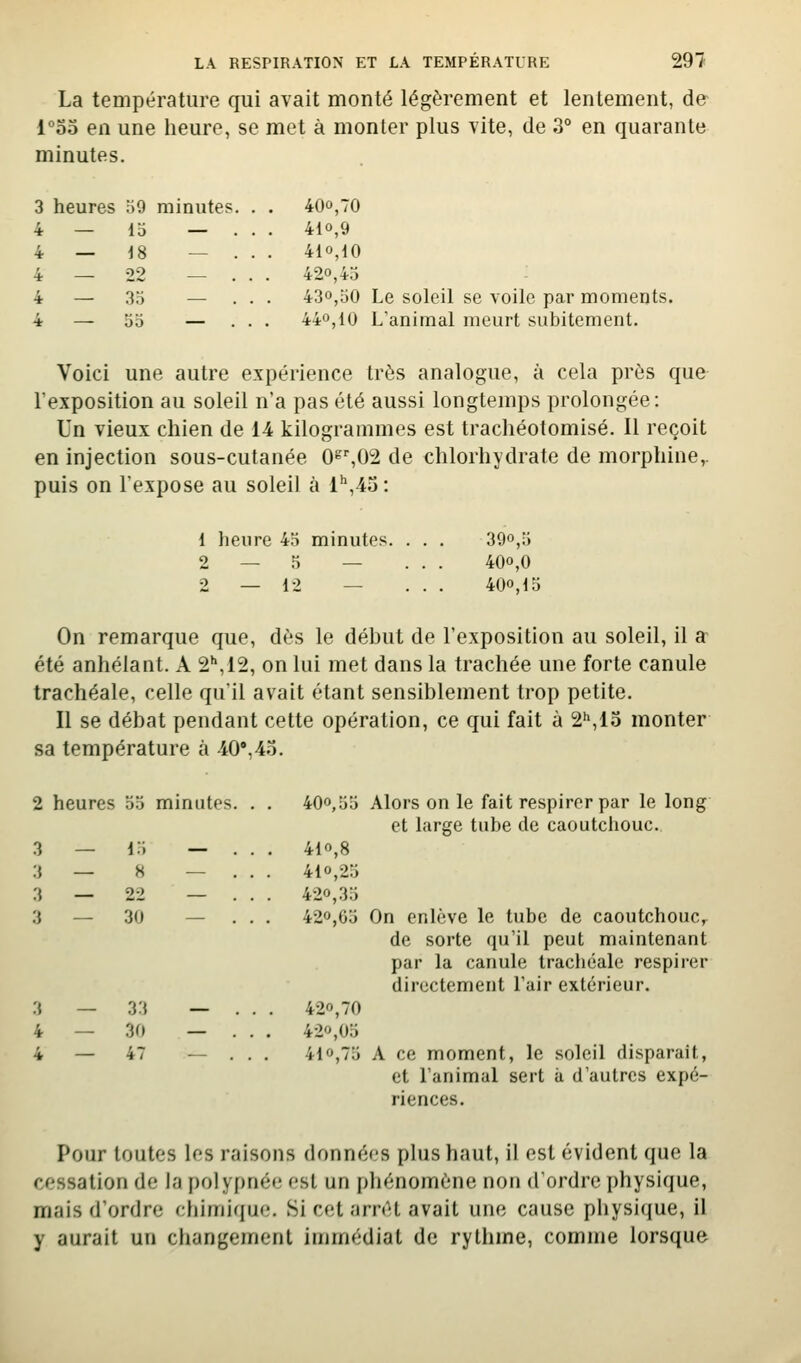 La température qui avait monté légèrement et lentement, de- l^oo en une heure, se met à monter plus vite, de 3° en quarante minutes. 3 heures o9 minutes 4 — 15 — 4 — 18 — 4 — 22 — 4 — 35 — 4 — 55 — 400,70 410,9 410,10 420,45 430,50 Le soleil se voile par moments. 440,10 L'animal meurt subitement. Voici une autre expérience très analogue, à cela près que l'exposition au soleil n'a pas été aussi longtemps prolongée: Un vieux chien de 14 kilogrammes est trachéotomisé. Il reçoit en injection sous-cutanée 0^^02 de chlorhydrate de morphine,, puis on l'expose au soleil à l'^i-io: 1 heure 45 minutes. 2 — 5 — 2—12 — 390,5 400,0 400,15 On remarque que, dès le début de l'exposition au soleil, il a été anhélant. A 2'',12, on lui met dans la trachée une forte canule trachéale, celle qu'il avait étant sensiblement trop petite. Il se débat pendant cette opération, ce qui fait à 2'»,lo monter sa température à -40',4o. 2 heures 55 minutes. 3 — 3 — 3 — 3 — 15 8 22 30 33 30 47 40o,55 Alors on le fait respirer par le long et large tube de caoutcliouc. 410,8 410,25 420,35 420,65 On enlève le tube de caoutchouc, de sorte qu'il peut maintenant par la canule trachéale respirer directement l'air extérieur. 420,70 420,05 410,75 A ce moment, le soleil disparait, et l'animal sert à d'autres expé- riences. Pour toutes les raisons données plus haut, il est évident que la cessation de la polypnée est un phénomène non d'ordre physique, mais d'ordre chimique. Si cet arrêt avait une cause physique, il y aurait un changement immédiat de rythme, comme lorsque