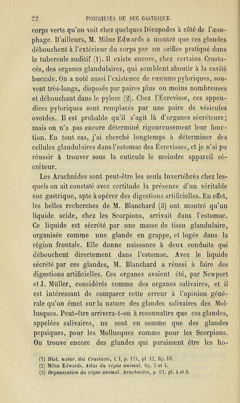 corps verts qu'on voit chez quelques Décapodes à côté de l'œso- phage. D'ailleurs, M. Milne Edwards a montré que ces glandes débouchent à l'extérieur du corps par un orifice pratiqué dans le tubercule auditif (1). Il existe encore, chez certains Crusta- cés, des organes glandulaires, qui semblent aboutir à la cavité buccale. On a noté aussi l'existence de cœcums pyloriques, sou- vent très-longs, disposés par paires plus ou moins nombreuses et débouchant dans le pylore (2). Chez l'Écrevisse, ces appen- dices pyloriques sont remplacés par une paire de vésicules ovoïdes. Il est probable qu'il s'agit là d'organes sécréteurs; mais on n'a pas encore déterminé rigoureusement leur fonc- tion. En tout cas, j'ai cherché longtemps à déterminer des cellules glandulaires dans l'estomac des Écrevisses, et je n'ai pu réussir à trouver sous la cuticule le moindre appareil sé- créteur. Les Arachnides sont peut-être les seuls Invertébrés chez les- quels on ait constaté avec certitude la présence d'un véritable suc gastrique, apte à opérer des digestions artificielles. En effet, les belles recherches de M. Blanchard (3) ont montré qu'un liquide acide, chez les Scorpions, arrivait dans l'estomac. Ce liquide est sécrété par une masse de tissu glandulaire, organisée comme une glande en grappe, et logée dans la région frontale. Elle donne naissance à deux conduits qui débouchent directement dans l'estomac. Avec le liquide sécrété par ces glandes, M. Blanchard a réussi à faire des digestions artificielles. Ces organes avaient été, par Newport etJ. Mûller, considérés comme des organes salivaires, et il est intéressant de comparer cette erreur à l'opinion géné- rale qu'on émet sur la nature des glandes salivaires des Mol- lusques. Peut-être arrivera-t-on à reconnaître que ces glandes, appelées salivaires, ne sont en somme que des glandes pepsiques, pour les Mollusques comme pour les Scorpions. On trouve encore des glandes qui paraissent être les ho- (1) Hist. natur. des Crustacés, 1.1, p. 124, pi. 12, fîg. 10. (2) Milne Edwards, Atlas du règne animal, fig. 2 et 4. (3) Organisation du règne animal. Arachnides, p. 61, pi. 4 et 6.