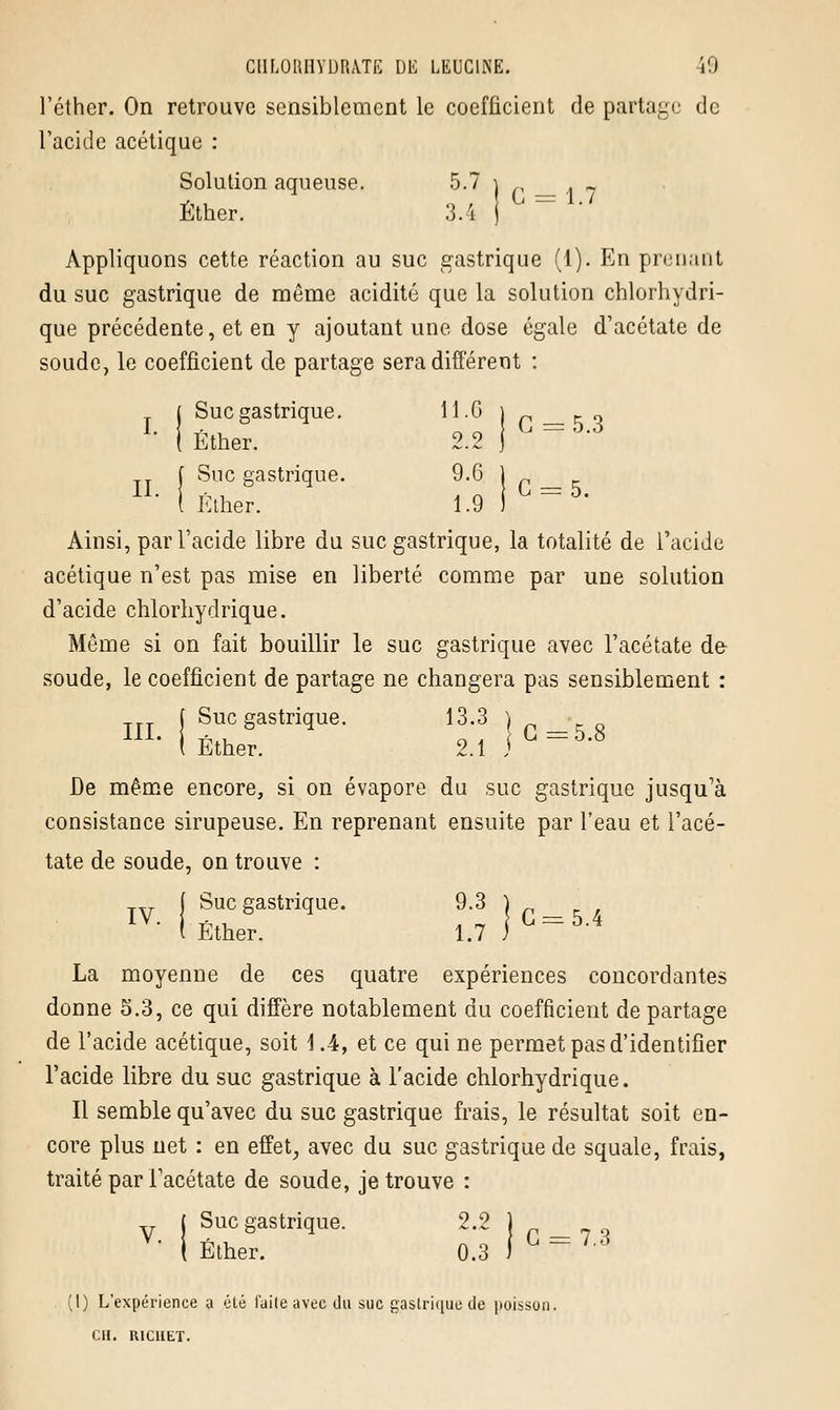 l'éthcr. On retrouve sensiblement le coefficient de partage de l'acide acétique : Solution aqueuse. 5.7 \ _ _ Éther. 3.4 j L = L Appliquons cette réaction au suc gastrique (1). En prenant du suc gastrique de même acidité que la solution chlorhydri- que précédente, et en y ajoutant une dose égale d'acétate de soude, le coefficient de partage sera différent : ( Suc gastrique. 11.G ) K „ 1 i Éther. 2.2 j G ~ 5J f Suc gastrique. 9.6 } II. *,, . A 1 t> = 5. i Ether. 1.9 J Ainsi, par l'acide libre du suc gastrique, la totalité de l'acide acétique n'est pas mise en liberté comme par une solution d'acide chlorhydrique. Même si on fait bouillir le suc gastrique avec l'acétate de- soude, le coefficient de partage ne changera pas sensiblement : f Suc gastrique. 13.3 ) 111. s L = 5.0 \ Ether. 2.1 ; De même encore, si on évapore du suc gastrique jusqu'à consistance sirupeuse. En reprenant ensuite par l'eau et l'acé- tate de soude, on trouve : (Suc gastrique. ff}c = 5.4 l Ether. 1.7 ) La moyenne de ces quatre expériences concordantes donne 5.3, ce qui diffère notablement du coefficient départage de l'acide acétique, soit 1.4, et ce qui ne permet pas d'identifier l'acide libre du suc gastrique à l'acide chlorhydrique. Il semble qu'avec du suc gastrique frais, le résultat soit en- core plus net : en effet, avec du suc gastrique de squale, frais, traité par l'acétate de soude, je trouve : Suc gastrique. 2.2 Éther. 0.3 ' (I) L'expérience a été faite avec du suc gastrique de poisson. CH. U1CIIET.