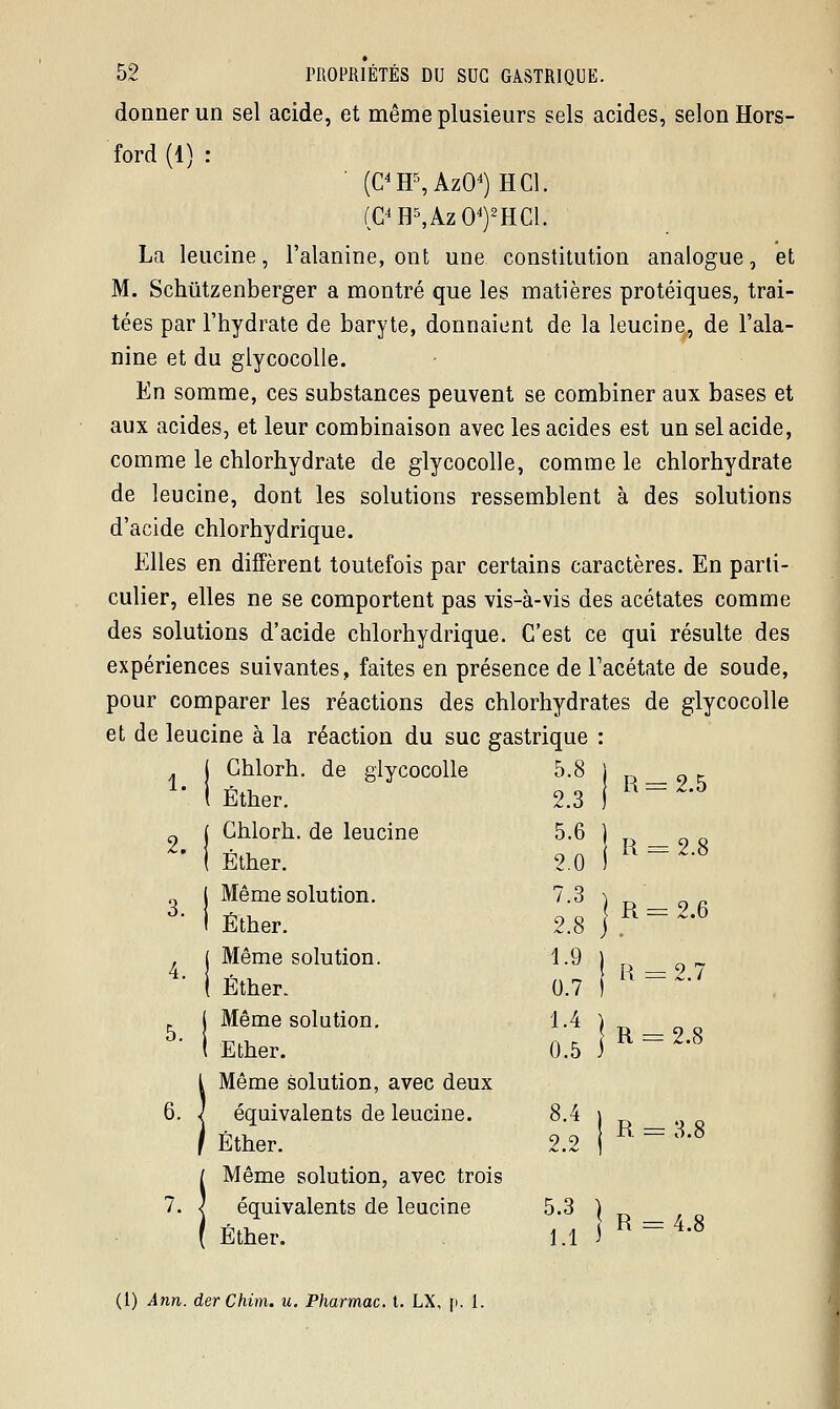 donner un sel acide, et même plusieurs sels acides, selon Hors- 'ford(l) : ' (C4H5,Az04)HCl. (C4H5,Az04)2HCl. La leucine, l'alanine, ont une constitution analogue, et M. Schûtzenberger a montré que les matières protéiques, trai- tées par l'hydrate de baryte, donnaient de la leucine, de l'ala- nine et du glycocolle. En somme, ces substances peuvent se combiner aux bases et aux acides, et leur combinaison avec les acides est un sel acide, comme le chlorhydrate de glycocolle, comme le chlorhydrate de leucine, dont les solutions ressemblent à des solutions d'acide chlorhydrique. Elles en diffèrent toutefois par certains caractères. En parti- culier, elles ne se comportent pas vis-à-vis des acétates comme des solutions d'acide chlorhydrique. C'est ce qui résulte des expériences suivantes, faites en présence de l'acétate de soude, pour comparer les réactions des chlorhydrates de glycocolle et de leucine à la réaction du suc gastrique : ( Chlorh. de glycocolle 5.8 j __ _ - 6. Chlorh. de glycocolle 5.8 j Éther. 2.3 j Chlorh. de leucine 5.6 ) Éther. 2.0 i Même solution. 7.3 } Éther. 2.8 j Même solution. 1.9 j Éther. 0.7 1 Même solution. 1.4 \ 0.5 j Ether. Même solution, avec deux équivalents de leucine. 8.4 | Éther. 2.2 j Même solution, avec trois équivalents de leucine 5.3 \ Éther. 1.1 s 2. i rr -'' : i r = 2.8 R = 2.6 R = 2.7 5. i ::;: ji,,ia - :-: \ r = 2.8 R = SA R = 4.8