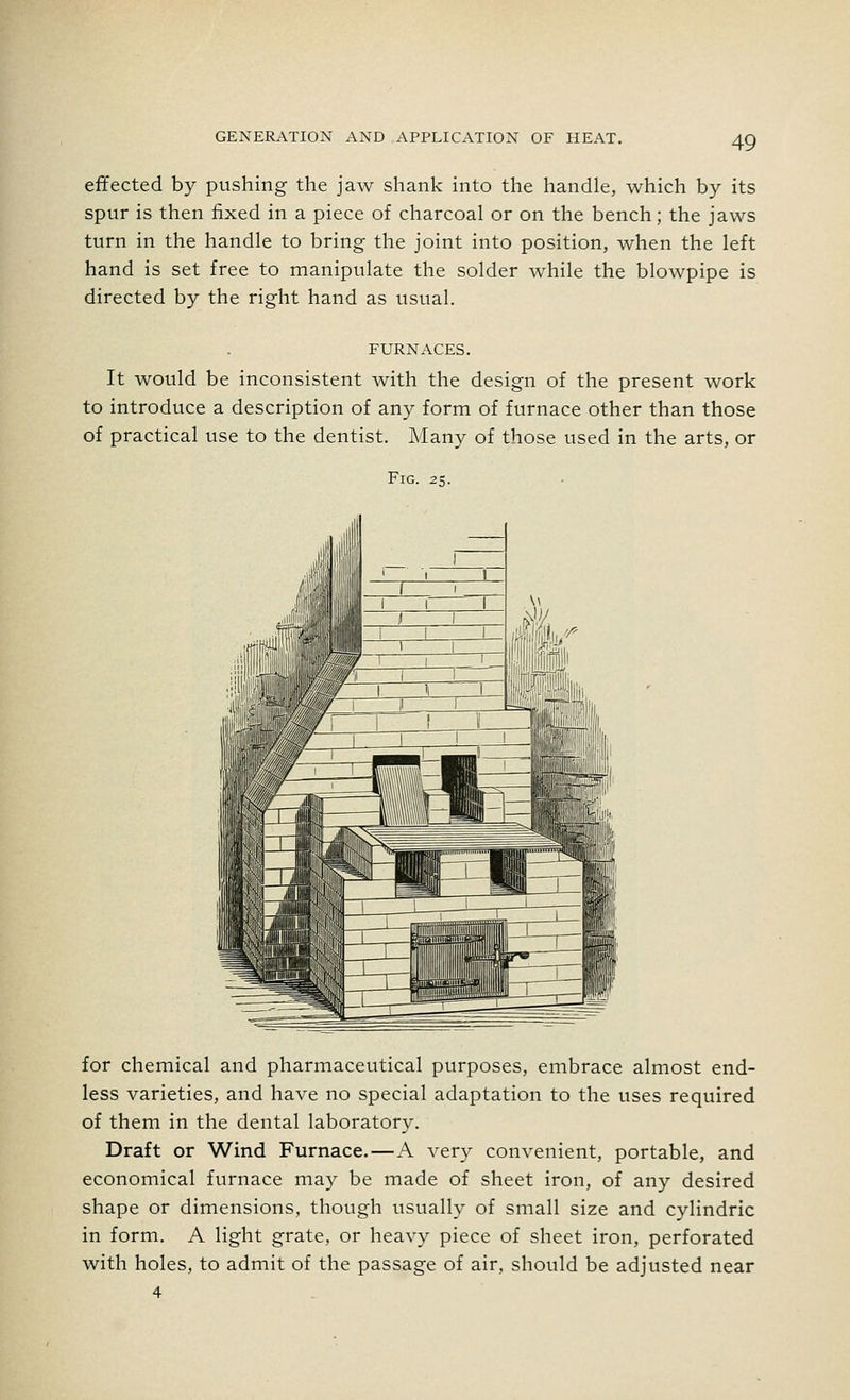 effected by pushing the jaw shank into the handle, which by its spur is then fixed in a piece of charcoal or on the bench; the jaws turn in the handle to bring the joint into position, when the left hand is set free to manipulate the solder while the blowpipe is directed by the right hand as usual. FURNACES. It would be inconsistent with the design of the present work to introduce a description of any form of furnace other than those of practical use to the dentist. Many of those used in the arts, or Fig. 25. for chemical and pharmaceutical purposes, embrace almost end- less varieties, and have no special adaptation to the uses required of them in the dental laboratory. Draft or Wind Furnace.—A very convenient, portable, and economical furnace may be made of sheet iron, of any desired shape or dimensions, though usually of small size and cylindric in form. A light grate, or heavy piece of sheet iron, perforated with holes, to admit of the passage of air, should be adjusted near 4