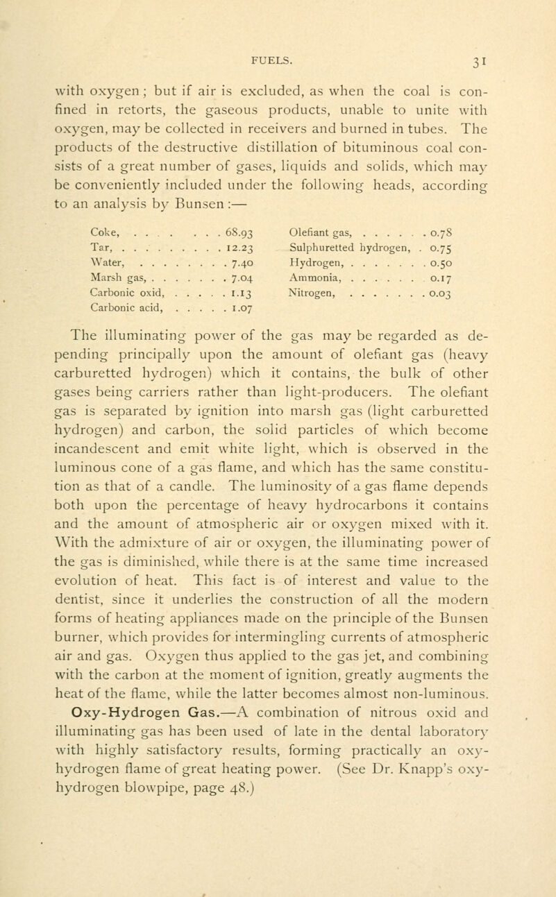 with oxygen ; but if air is excluded, as when the coal is con- fined in retorts, the gaseous products, unable to unite with oxygen, may be collected in receivers and burned in tubes. The products of the destructive distillation of bituminous coal con- sists of a great number of gases, liquids and solids, which may be conveniently included under the following heads, according to an analysis by Bunsen :— Coke, 68.93 Olefiant gas, 0.78 Tar 12.23 Sulphuretted hydrogen, . 0.75 Water, 7.40 Hydrogen, 0.50 Marsh gas, 7.04 Ammonia, O.I7 Carbonic oxid, 1.13 Nitrogen, 0.03 Carbonic acid, 1.07 The illuminating power of the gas may be regarded as de- pending principally upon the amount of olefiant gas (heavy carburetted hydrogen) which it contains, the bulk of other gases being carriers rather than light-producers. The olefiant gas is separated by ignition into marsh gas (light carburetted hydrogen) and carbon, the solid particles of which become incandescent and emit white light, which is observed in the luminous cone of a gas flame, and which has the same constitu- tion as that of a candle. The luminosity of a gas flame depends both upon the percentage of heavy hydrocarbons it contains and the amount of atmospheric air or oxygen mixed with it. With the admixture of air or oxygen, the illuminating power of the gas is diminished, while there is at the same time increased evolution of heat. This fact is of interest and value to the dentist, since it underlies the construction of all the modern forms of heating appliances made on the principle of the Bunsen burner, which provides for intermingling currents of atmospheric air and gas. Oxygen thus applied to the gas jet, and combining with the carbon at the moment of ignition, greatly augments the heat of the flame, while the latter becomes almost non-luminous. Oxy-Hydrogen Gas.—A combination of nitrous oxid and illuminating gas has been used of late in the dental laboratory with highly satisfactory results, forming practically an oxy- hydrogen flame of great heating power. (See Dr. Knapp's oxy- hydrogen blowpipe, page 48.)