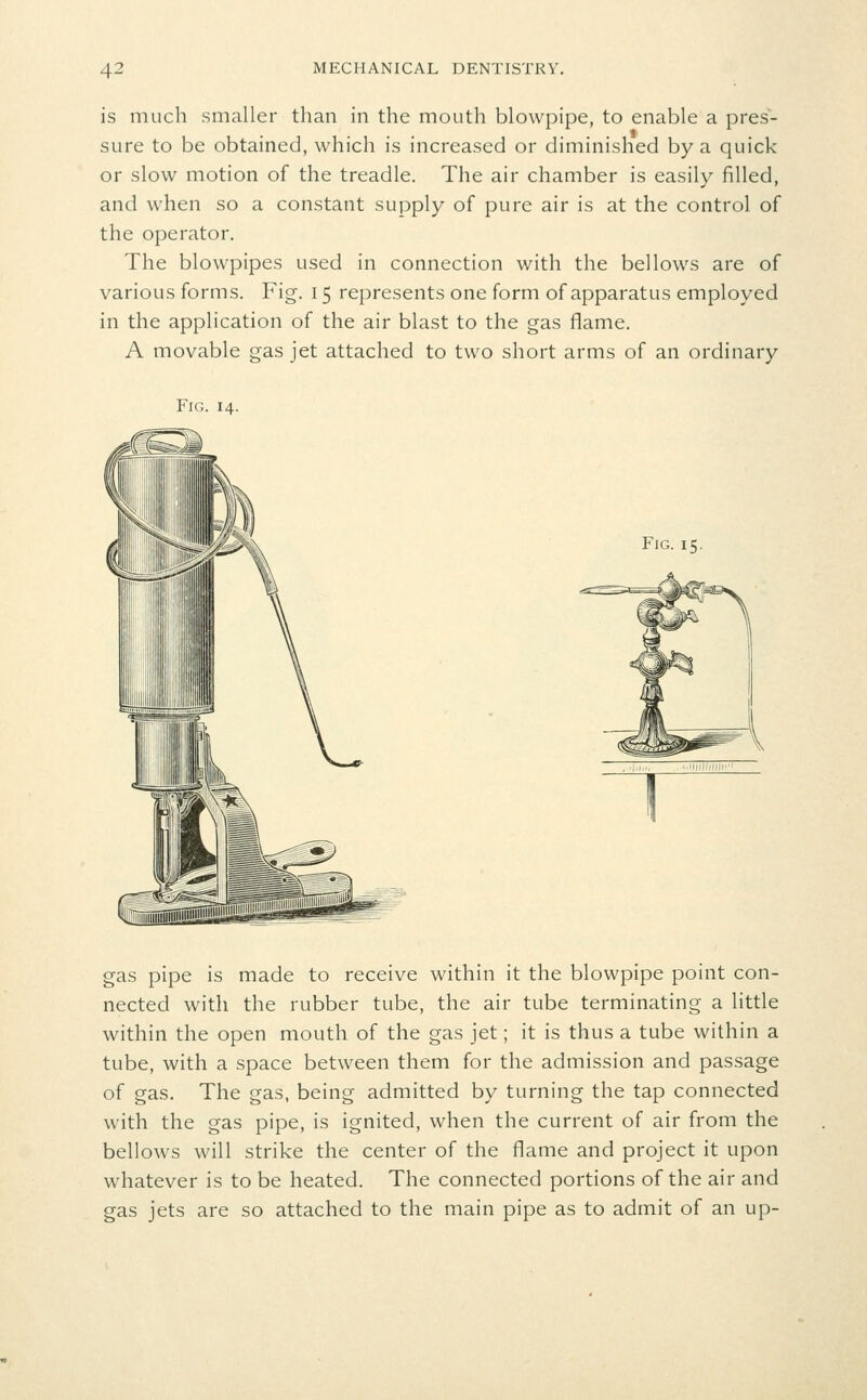 is much smaller than in the mouth blowpipe, to enable a pres- sure to be obtained, which is increased or diminished by a quick or slow motion of the treadle. The air chamber is easily filled, and when so a constant supply of pure air is at the control of the operator. The blowpipes used in connection with the bellows are of various forms. Fig. 15 represents one form of apparatus employed in the application of the air blast to the gas flame. A movable gas jet attached to two short arms of an ordinary Fig. 14. Fig. 15. gas pipe is made to receive within it the blowpipe point con- nected with the rubber tube, the air tube terminating a little within the open mouth of the gas jet; it is thus a tube within a tube, with a space between them for the admission and passage of gas. The gas, being admitted by turning the tap connected with the gas pipe, is ignited, when the current of air from the bellows will strike the center of the flame and project it upon whatever is to be heated. The connected portions of the air and gas jets are so attached to the main pipe as to admit of an up-