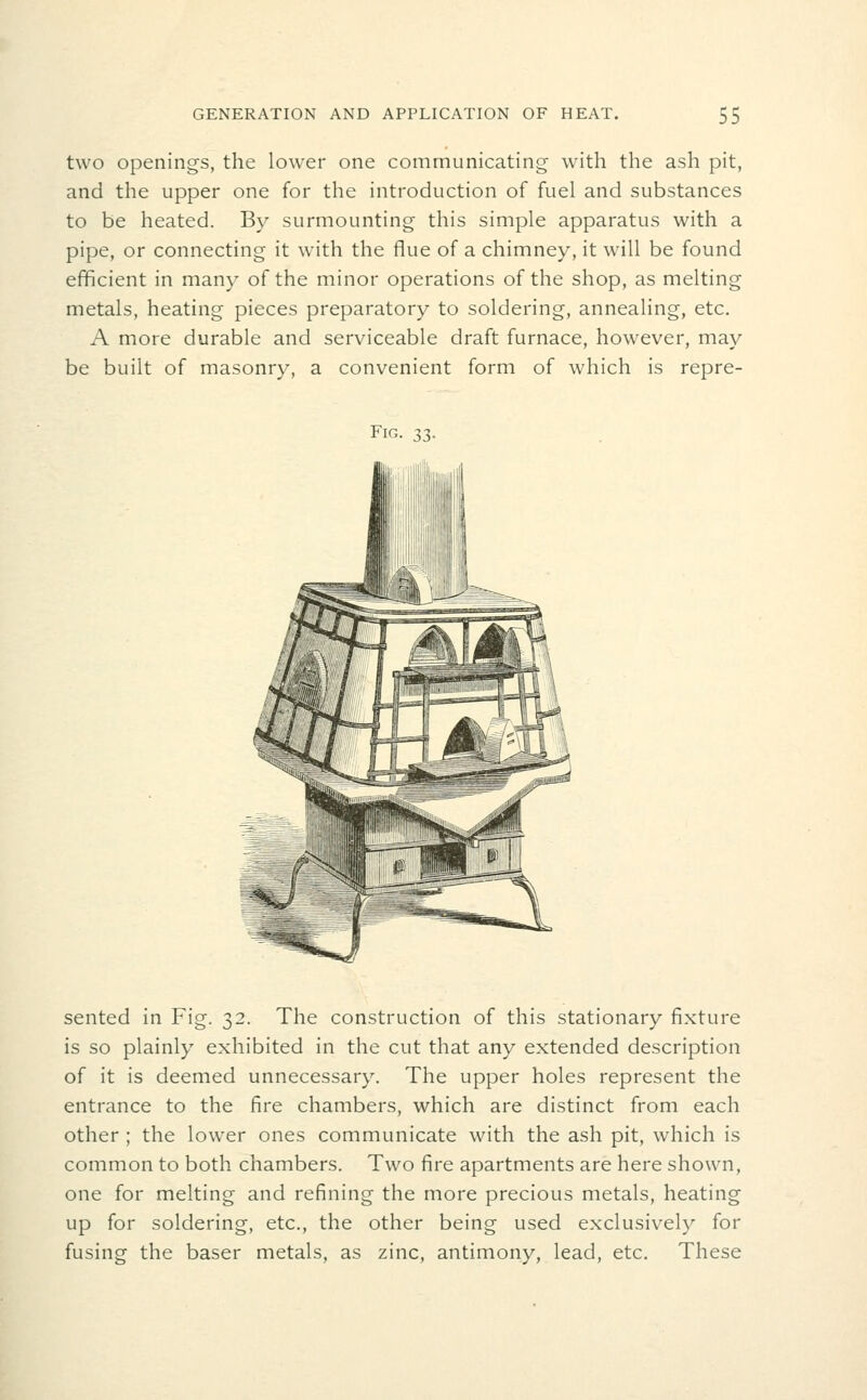 two openings, the lower one communicating with the ash pit, and the upper one for the introduction of fuel and substances to be heated. By surmounting this simple apparatus with a pipe, or connecting it with the Hue of a chimney, it will be found efficient in many of the minor operations of the shop, as melting metals, heating pieces preparatory to soldering, annealing, etc. A more durable and serviceable draft furnace, however, may be built of masonry, a convenient form of which is repre- FiG. 33. sented in Fig. 32. The construction of this stationary fixture is so plainly exhibited in the cut that any extended description of it is deemed unnecessary. The upper holes represent the entrance to the fire chambers, which are distinct from each other ; the lower ones communicate with the ash pit, which is common to both chambers. Two fire apartments are here shown, one for melting and refining the more precious metals, heating up for soldering, etc., the other being used exclusively for fusing the baser metals, as zinc, antimony, lead, etc. These