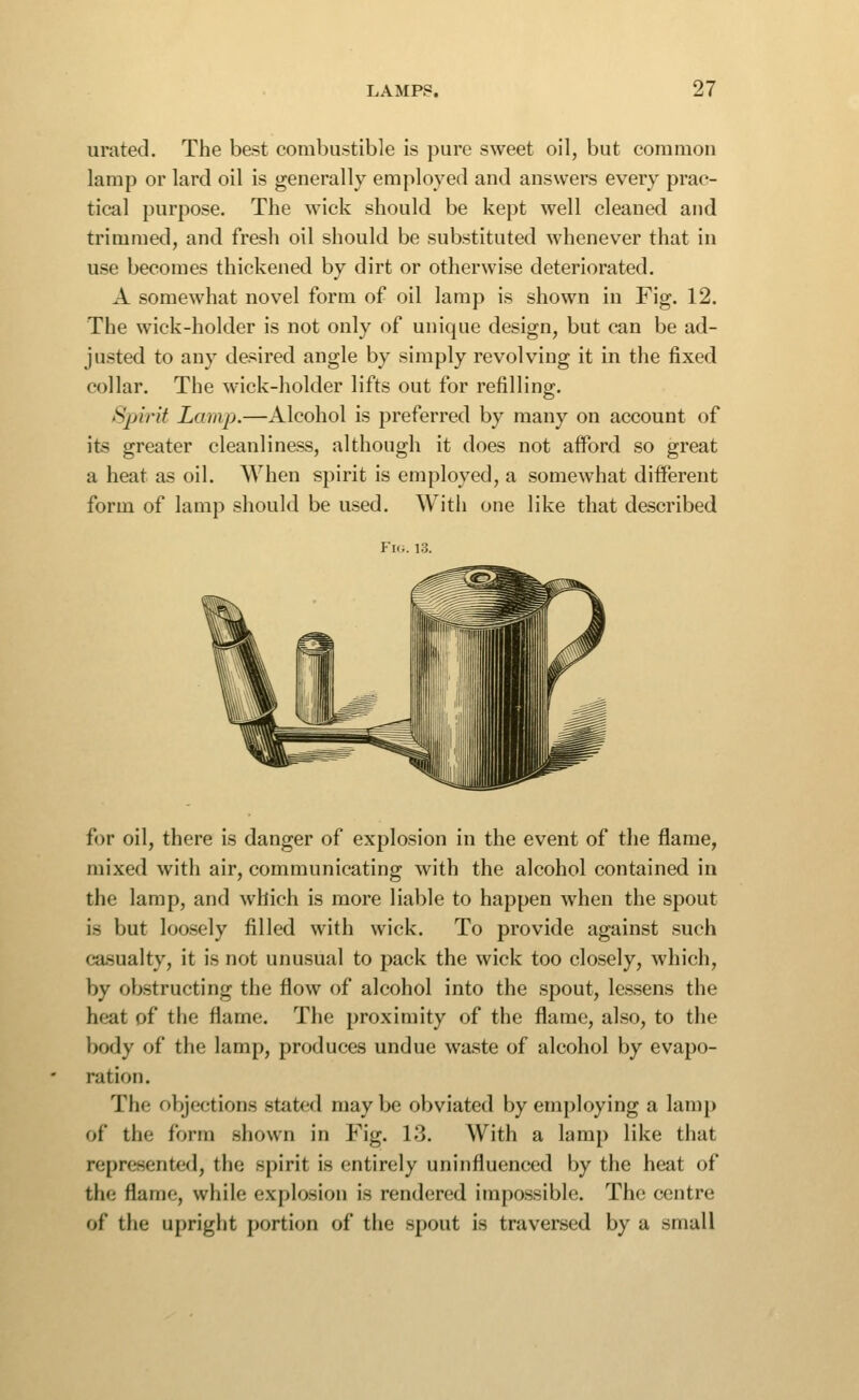 urated. The best combustible is pure sweet oil, but common lamp or lard oil is generally employed and answers every prac- tical purpose. The wick should be kept well cleaned and trimmed, and fresh oil should be substituted whenever that in use becomes thickened by dirt or otherwise deteriorated. A somewhat novel form of oil lamp is shown in Fig. 12. The wick-holder is not only of unique design, but can be ad- justed to any desired angle by simply revolving it in the fixed collar. The wick-holder lifts out for refilling. Spirit Lamp.—Alcohol is preferred by many on account of its greater cleanliness, although it does not afford so great a heat as oil. When spirit is employed, a somewhat different form of lamp should be used. With one like that described Fi(i. 13. for oil, there is danger of explosion in the event of the flame, mixed with air, communicating with the alcohol contained in the lamp, and which is more liable to happen when the spout is but loosely filled with wick. To provide against such ca.sualty, it is not unusual to pack the wick too closely, which, by obstructing the flow of alcohol into the spout, lessens the heat of the flame. The proximity of the flame, also, to the body of the lamp, produces undue waste of alcohol by evapo- ration. The objections stated may be obviated by employing a lamp of the form shown in Fig. 13. With a lamp like that represented, the spirit is entirely uninfluenced by the heat of the flame, while explosion is rendered impossible. The centre of the upright portion of the spout is traversed by a small