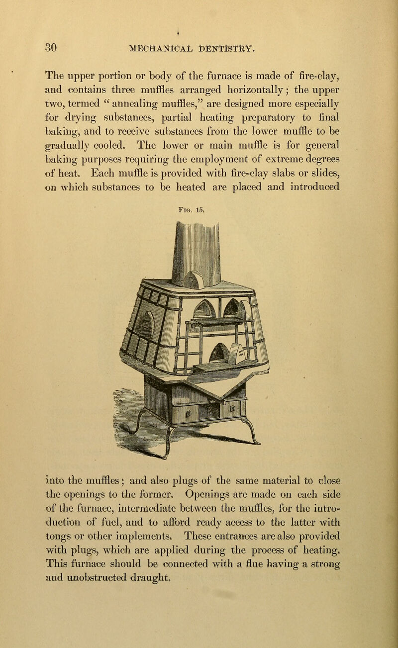 The upper portion or body of the furnace is made of fire-clay, and contains three muffles arranged horizontally; the upper two, termed  annealing muffles, are designed more especially for drying substances, partial heating preparatory to final baking, and to receive substances from the lower muffle to be gradually cooled. The lower or main muffle is for general baking purposes requiring the employment of extreme degrees of heat. Each muffle is provided with fire-clay slabs or slides, on which substances to be heated are placed and introduced Fig. 15. inlT) the muffles; and also plugs of the same material to close the openings to the former. Openings are made on each side of the furnace, intermediate between the muffles, for the intro- duction of fuel, and to afibrd ready access to the latter with tongs or other implements. These entrances are also provided with plugs, which are applied during the process of heating. This furnace should be connected with a flue having a strong and unobstructed draught.
