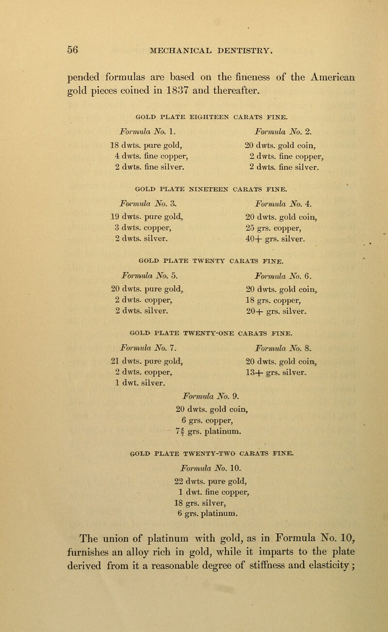 pended formulas are based on the fineness of the American gold pieces coined in 1837 and thereafter. GOLD PLATE EIGHTKEN CARATS FINE. Formula No. 1. Fm~)nula No. 2. 18 dwts. pure gold, 20 dwts. gold coin, 4 dwts. fine copper, 2 dwts. fine copper, 2 dwts. fine silver. 2 dwts. fine silver. GOLD PLATE NINETEEN CARATS FINE. Formula No. S. Formula No. 4. 19 dwts. pure gold, 20 dwts. gold coin, 3 dwts. copper, 25 grs. copper, 2 dwts. silver. 40+ grs. silver. GOLD PLATE TWENTY CARATS FINE. Formula No. 5. Formula No. 6. 20 dwts. pure gold, 20 dwts. gold coin, 2 dwts. copper, 18 grs. copper, 2 dwts. silver. 20+ grs. silver. GOLD PLATE TWENTY-ONE CARATS FINE. Formula No. 7. Formula No. 8. 21 dwts. pure gold, 20 dwts. gold coin, 2 dwts. copper, 13+ grs. silver. 1 dwt. silver. Formula No. 9. 20 dwts. gold coin, 6 grs. copper, 7^ grs. platinum. GOLD PLATE TWENTY-TWO CARATS FINE. Formula No. 10. 22 dwts. pure gold, 1 dwt. fine copper, 18 grs. silver, 6 grs. platinum. The union of platinum Avith gold, as in Formula No. 10, furnishes an alloy rich in gold, while it imparts to the plate derived from it a reasonable degree of stiffness and elasticity;