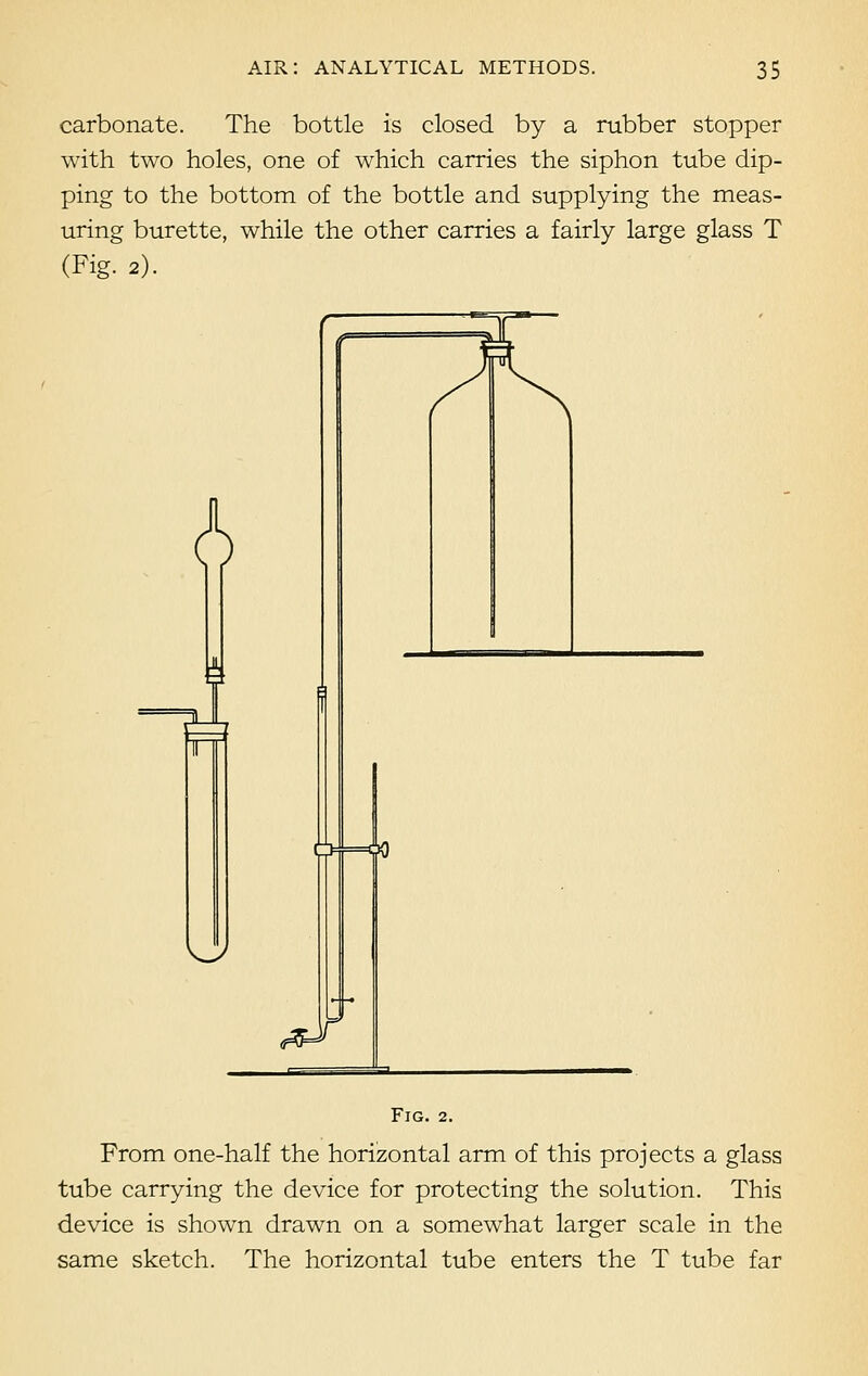 carbonate. The bottle is closed by a rubber stopper with two holes, one of which carries the siphon tube dip- ping to the bottom of the bottle and supplying the meas- uring burette, while the other carries a fairly large glass T (Fig. 2). A I \J Fig. 2. From one-half the horizontal arm of this projects a glass tube carrying the device for protecting the solution. This device is shown drawn on a somewhat larger scale in the same sketch. The horizontal tube enters the T tube far