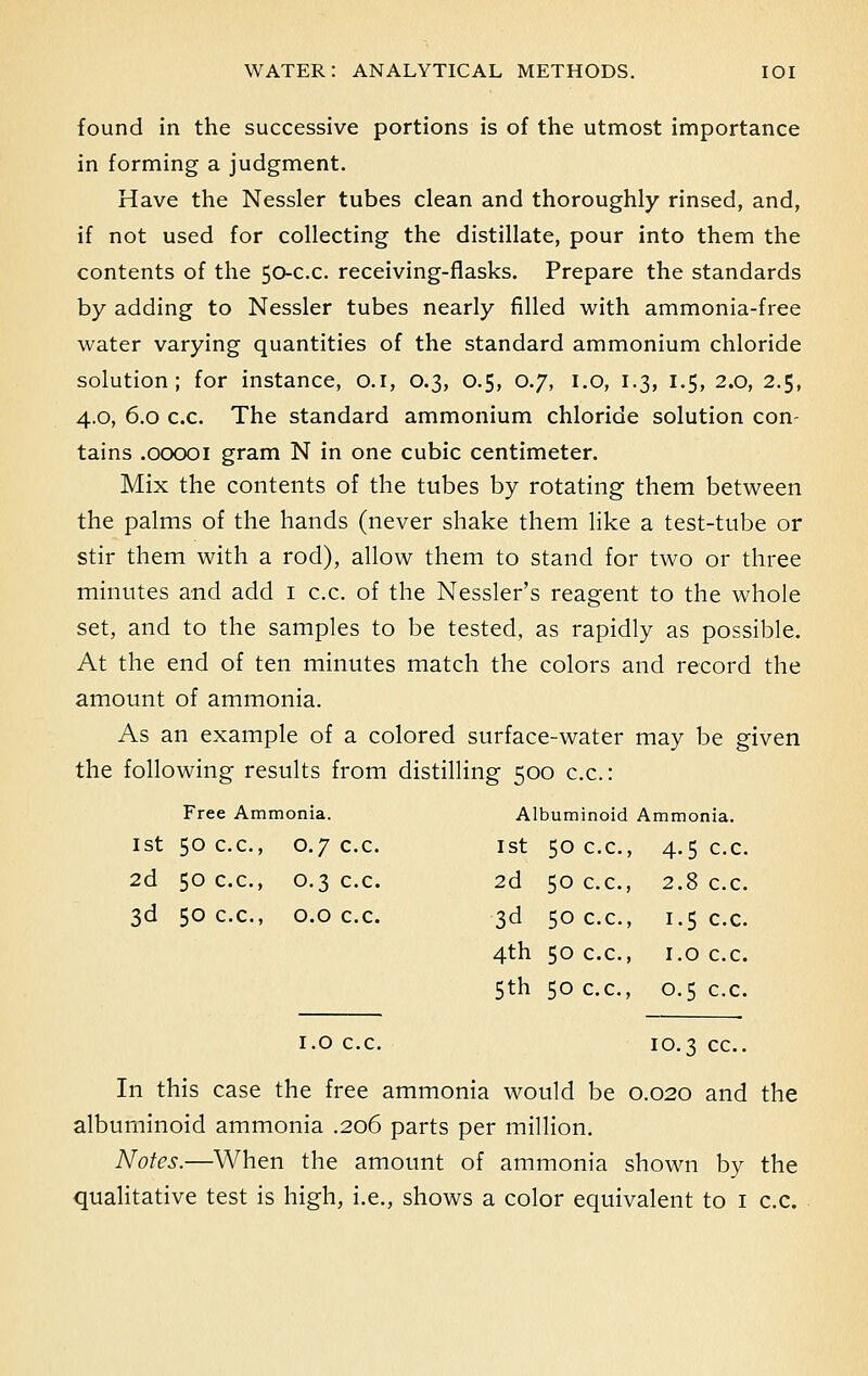 found in the successive portions is of the utmost importance in forming a judgment. Have the Nessler tubes clean and thoroughly rinsed, and, if not used for collecting the distillate, pour into them the contents of the 50-c.c. receiving-flasks. Prepare the standards by adding to Nessler tubes nearly filled with ammonia-free water varying quantities of the standard ammonium chloride solution; for instance, 0.1, 0.3, 0.5, 0.7, 1.0, 1.3, 1.5, 2.0, 2.5, 4.0, 6.0 c.c. The standard ammonium chloride solution con- tains .00001 gram N in one cubic centimeter. Mix the contents of the tubes by rotating them between the palms of the hands (never shake them like a test-tube or stir them with a rod), allow them to stand for two or three minutes and add 1 c.c. of the Nessler's reagent to the whole set, and to the samples to be tested, as rapidly as possible. At the end of ten minutes match the colors and record the amount of ammonia. As an example of a colored surface-water may be given the following results from distilling 500 c.c: Free Ammonia. Albuminoid Ammonia. 1st 50 c.c, 0.7 c.c. ist 50 c.c, 4.5 C.C 2d 50 c.c, 0.3 c.c 2d 50 C.C, 2.8 C.C. 3d 50 c.c, 0.0 c.c 3d 50 c.c, 1.5 C.C. 4th 50 c.c, 1.0 c.c 5th 50 c.c, 0.5 c.c. 1.0 c.c. 10.3 cc. In this case the free ammonia would be 0.020 and the albuminoid ammonia .206 parts per million. Notes.—When the amount of ammonia shown by the