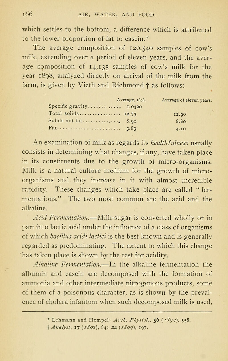 which settles to the bottom, a difference which is attributed to the lower proportion of fat to casein.* The average composition of 120,540 samples of cow's milk, extending over a period of eleven years, and the aver- age composition of 14,135 samples of cow's milk for the year 1898, analyzed directly on arrival of the milk from the farm, is given by Vieth and Richmond f as follows: Average, 1398. Average of eleven years. Specific gravity 1.0320 Total solids 12.73 12.90 Solids not fat... .< 8.90 8.80 Fat 3.S3 4.10 An examination of milk as regards its health fulness usually consists in determining what changes, if any, have taken place in its constituents due to the growth of micro-organisms. Milk is a natural culture medium for the growth of micro- organisms and they increase in it with almost incredible rapidity. These changes which take place are called  fer- mentations. The two most common are the acid and the alkaline. Acid Fermentation.—Milk-sugar is converted wholly or in part into lactic acid under the influence of a class of organisms of which bacillus acidi lactici is the best known and is generally regarded as predominating. The extent to which this change has taken place is shown by the test for acidity. Alkaline Fermentation.—In the alkaline fermentation the albumin and casein are decomposed with the formation of ammonia and other intermediate nitrogenous products, some of them of a poisonous character, as is shown by the preval- ence of cholera infantum when such decomposed milk is used, * Lehmann and Hempel: Arch. Physiol., 56 (1894), 558. f Analyst, 17 (1892), 84; 24 (i8gg), 197.