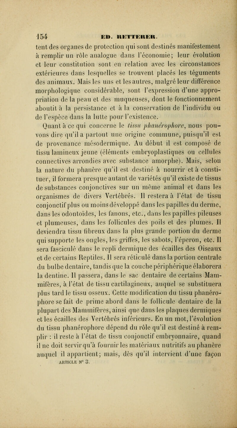 tent des organes de protection qui sont destinés manifestement à remplir un rôle analogue dans l'économie; leur évolution et leur constitution sont en relation avec les circonstances extérieures dans lesquelles se trouvent placés les téguments des animaux. Mais les uns et les autres, malgré leur différence morphologique considérable, sont l'expression d'une appro- priation de la peau et des muqueuses, dont le fonctionnement aboutit à la persistance et à la conservation de l'individu ou de l'espèce dans la lutte pour l'existence. Quant à ce qui concerne le tissu phanérophore, nous pou- vons dire qu'il a partout une origine commune, puisqu'il est de provenance niésodermique. Au début il est composé de tissu lamineux jeune (éléments embryoplastiques ou cellules connectives arrondies avec substance amorphe). Mais, selon la nature du phanère qu'il est destiné à nourrir et à consti- tuer, il formera presque autant de variétés qu'il existe de tissus de substances conjonctives sur un même animal et dans les organismes de divers Vertébrés. Il restera à l'élat de tissu conjonclif plus ou moins développé dans les papilles du derme, dans les odontoïdes, les fanons, etc., dans les papilles pileuses et plumeuses, dans les follicules des poils et des plumes. Il deviendra tissu fibreux dans la plus grande portion du derme qui supporte les ongles, les griffes, les sabots, l'éperon, etc. Il sera fascicule dans le repli dermique des écailles des Oiseaux et de certains Reptiles. Il sera réticulé dans la portion centrale du bulbe dentaire, tandis que la couche périphérique élaborera la dentine. Il passera, dans le sac dentaire de certains Mam- mifères, à l'état de tissu cartilagineux, auquel se substituera plus tard le tissu osseux. Cette modification du tissu phanéro- phore se fait de prime abord dans le follicule dentaire de la plupart des Mammifères, ainsi que dans les plaques dermiques et les écailles des Vertébrés inférieurs. En un mot, l'évolution du tissu phanérophore dépend du rôle qu'il est destiné à rem- plir : il reste à l'état de tissu conjonctif embryonnaire, quand il ne doit servir qu'à fournir les matériaux nutritifs au phanère auquel il appai'tient; mais, dès qu'il intervient d'une façon