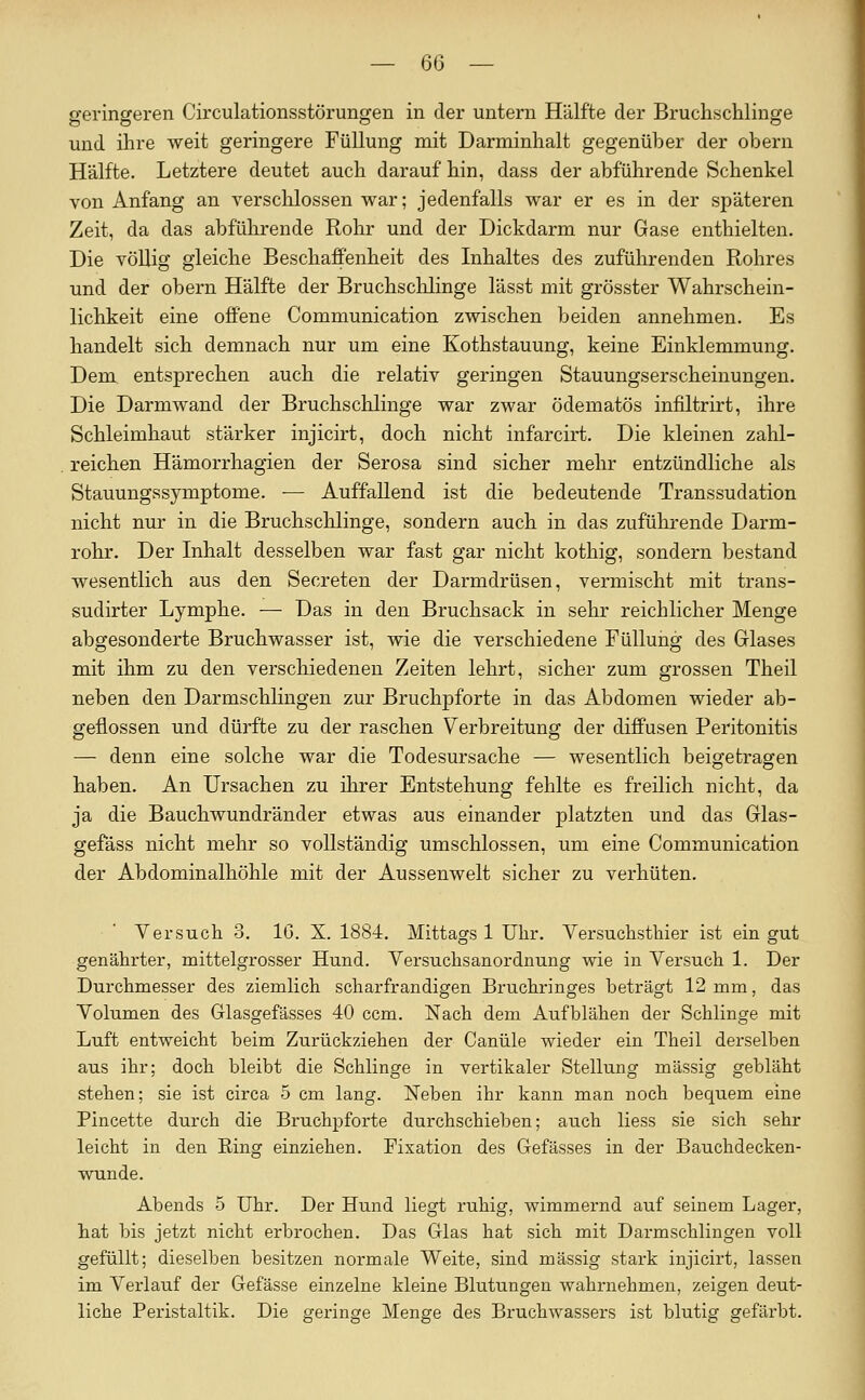 geringeren Circulationsstörungen in der untern Hälfte der Bruchschlinge und ihre weit geringere Füllung mit Darminhalt gegenüber der obern Hälfte. Letztere deutet auch darauf hin, dass der abführende Schenkel von Anfang an versclilossen war; jedenfalls war er es in der späteren Zeit, da das abfülirende Rohr und der Dickdarm nur Gase enthielten. Die völlig gleiche Beschaffenheit des Inhaltes des zufülirenden Rohres und der obern Hälfte der Bruchschlinge lässt mit grösster Wahrschein- lichkeit eine offene Communication zwischen beiden annehmen. Es handelt sich demnach nur um eine Kothstauung, keine Einklemmung. Dem entsprechen auch die relativ geringen Stauungserscheinungen. Die Darmwand der Bruchschlinge war zwar ödematös infiltrirt, ihre Schleimhaut stärker injicirt, doch nicht infarcirt. Die kleinen zahl- reichen Hämorrhagien der Serosa sind sicher mehr entzündliche als Stauungssymptome. — Auffallend ist die bedeutende Transsudation nicht nur in die Bruchschlinge, sondern auch in das zuführende Darm- rohr. Der Inhalt desselben war fast gar nicht kothig, sondern bestand wesentlich aus den Secreten der Darmdrüsen, vermischt mit trans- sudirter Lymphe. — Das in den Bruchsack in sehr reichlicher Menge abgesonderte Bruchwasser ist, wie die verschiedene Füllung des Glases mit ihm zu den verschiedenen Zeiten lehrt, sicher zum grossen Theil neben den Darmschlingen zur Bruchpforte in das Abdomen wieder ab- geflossen und dürfte zu der raschen Verbreitung der diffusen Peritonitis — denn eine solche war die Todesursache — wesentlich beigetragen haben. An Ursachen zu ihrer Entstehung fehlte es freilich nicht, da ja die Bauchwundränder etwas aus einander platzten und das Glas- gefäss nicht mehr so vollständig umschlossen, um eine Communication der Abdominalhöhle mit der Aussenwelt sicher zu verhüten. Versuch 3. IG. X. 1884. Mittags 1 Uhr. Versuchsthier ist ein gut genährter, mittelgrosser Hund. Versuchsanordnung wie in Versuch 1. Der Durchmesser des ziemlich scharfrandigen Bruchringes beträgt 12 mm, das Volumen des Glasgefässes 40 ccm. Nach dem Aufblähen der Schlinge mit Luft entweicht beim Zurückziehen der Canüle wieder ein Theil derselben aus ihr; doch bleibt die Schlinge in vertikaler Stellung massig gebläht stehen; sie ist circa 5 cm lang. Neben ihr kann man noch bequem eine Pincette durch die Bi-uchpforte durchschieben; auch Hess sie sich sehr leicht in den Ring einziehen, Fixation des Gefässes in der Bauchdecken- wunde. Abends 5 Uhr. Der Hund liegt ruhig, wimmernd auf seinem Lager, hat bis jetzt nicht erbrochen. Das Glas hat sich mit Darmschlingen voll gefüllt; dieselben besitzen normale Weite, sind massig stark injicirt, lassen im A^erlauf der Gefässe einzelne kleine Blutungen wahrnehmen, zeigen deut- liche Peristaltik. Die geringe Menge des Bruchwassers ist blutig gefärbt.
