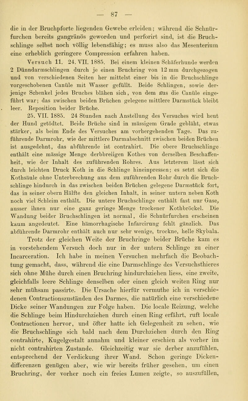 die in der Bruchpforte liegenden Gewebe erleiden; während die Schnür- furchen bereits gangränös geworden und perforirt sind, ist die Bruch- schlinge selbst noch völlig lebensfähig; es muss also das Mesenterium eine erheblich geringere Compression erfahren haben. Versuch 11. 24. VII. 1885. Bei einem kleinen Schäferhunde werden 2 Dünndarmschlingen durch je einen Bi'uchring von 12 mm durchgezogen und von verschiedenen Seiten her mittelst einer bis in die Bruchschlinge vorgeschobenen Canüle mit Wasser gefüllt. Beide Schlingen, sowie der- jenige Schenkel jedes Bruches blähen sich, von dem a?us die Canüle einge- führt war; das zwischen beiden Brüchen gelegene mittlere Darmstück bleibt leer. Reposition beider Brüche. 25. VII. 1885. 24 Stunden nach Anstellung des Versuches wird heut der Hund getödtet. Beide Brüche sind in mcässigem Grade gebläht, etwas stärker, als beim Ende des Versuches am vorhergehenden Tage. Das zu- führende Darmrohr, wie der mittlere Darmabschnitt zwischen beiden Brüchen ist ausgedehnt, das abführende ist contrahirt. Die obere Bruchschlinge enthält eine massige Menge derbbreiigen Kothes von derselben Beschaffen- heit, wie der Inhalt des zuführenden Rohres. Aus letztei-em lässt sich durch leichten Druck Koth in die Schlinge hineinpressen; es setzt sich die Kothsäule ohne Unterbrechung aus dem zuführenden Rohr durch die Bruch- schlinge hindurch in das zwischen beiden Brüchen gelegene Darmstück fort, das in seiner obern Hälfte den gleichen Inhalt, in seiner untern neben Koth noch viel Schleim enthält. Die untere Bruchschlinge enthält fast nur Gase, ausser ihnen nur eine ganz geringe Menge trockener Kothbröckel. Die Wandung beider Bruchschlingen ist normal, die Schnürfurchen erscheinen kaum angedeutet. Eine hämorrhagische Infarcirung fehlt gänzlich. Das abführende Darmrohr enthält auch nur sehr wenige, trockne, helle Skybala. Trotz der gleichen Weite der Bruchringe beider Brüche kam es in vorstehendem Versuch doch nur in der untern Schlinge zu einer Incarceration. Ich habe in meinen Versuchen mehrfach die Beobach- tung gemacht, dass, während die eine Darmschlinge des Versuchsthieres sich ohne Mühe durch einen Bruchring hindurchziehen liess, eine zweite, gleichfalls leere Schlinge denselben oder einen gleich weiten Ring nur sehr mühsam passirte. Die Ursache hierfür vermuthe ich in verschie- denen Contractionszuständen des Darmes, die natürlich eine verschiedene Dicke seiner Wandungen zur Folge haben. Die locale Reizung, welche die Schlinge beim Hindurchziehen durch einen Ring erfährt, ruft locale Contractionen hervor, und öfter hatte ich Gelegenheit zu sehen, wie die Bruchschlinge sich bald nach dem Durchziehen durch den Ring contrahu'te, Kugelgestalt annahm und kleiner erschien als vorher im nicht Contrahirten Zustande. Gleichzeitig war sie derber anzufühlen, entsprechend der Verdickung ihrer Wand. Schon geringe Dicken- diiferenzen genügen aber, wie wir bereits früher gesehen, um einen Bruchring, der vorher noch ein freies Lumen zeigte, so auszufüllen,