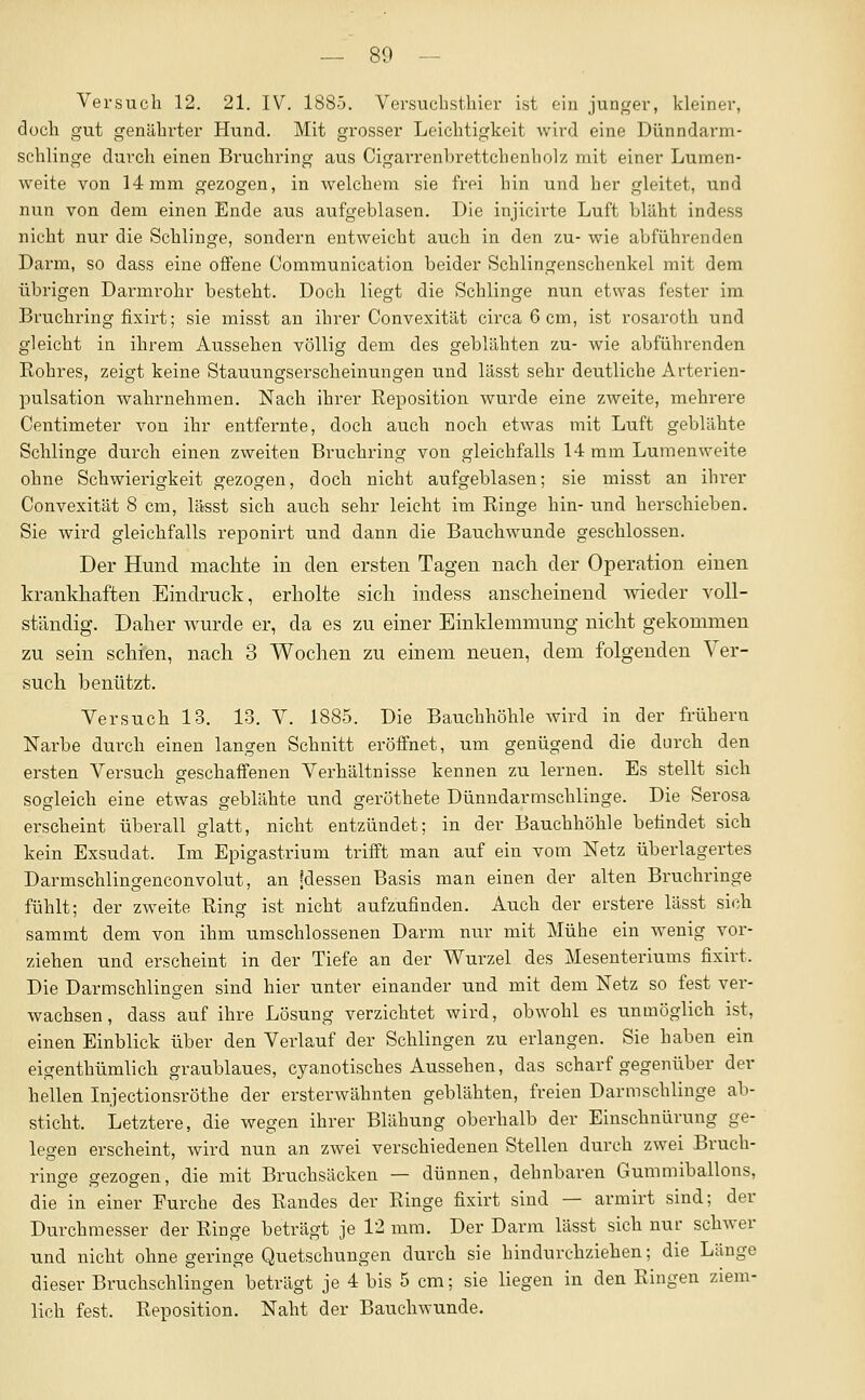 Versuch 12. 21. IV. 1885. Versucbsthier ist ein junger, kleiner, doch gut genährter Hund. Mit grosser Leichtigkeit wird eine Dünndarm- schlinge durch einen Bruchring aus Cigarrenhrettchenholz mit einer Lumen- weite von 14mm gezogen, in welchem sie frei hin und her gleitet, und nun von dem einen Ende aus aufgeblasen. Die injicirte Luft bläht indess nicht nur die Schlinge, sondern entweicht auch in den zu- wie abführenden Darm, so dass eine offene Communication. beider Schlingenschenkel mit dem übrigen Darmrohr besteht. Doch liegt die Schlinge nun etwas fester im Bruchring fixirt; sie misst an ihrer Convexität circa 6 cm, ist rosaroth und gleicht in ihrem Aussehen völlig dem des geblähten zu- wie abführenden Eohres, zeigt keine Stauungserscheinungen und lässt sehr deutliche Arterien- pulsation wahrnehmen. Nach ihrer Reposition wurde eine zweite, mehrere Centimeter von ihr entfernte, doch auch noch etwas mit Luft geblähte Schlinge durch einen zweiten Bi'uchring von gleichfalls 14 mm Luraenweite ohne Schwierigkeit gezogen, doch nicht aufgeblasen; sie misst an ihrer Convexität 8 cm, lässt sich auch sehr leicht im Ringe hin- und herschieben. Sie wird gleichfalls reponirt und dann die Bauchwunde geschlossen. Der Hund machte in den ersten Tagen nach der Operation einen krankhaften Eindruck, erholte sich indess anscheinend wieder voll- ständig. Daher wurde er, da es zu einer Einklemmung nicht gekommen zu sein schien, nach 3 Wochen zu einem neuen, dem folgenden Ver- such benützt. Versuch 13. 13. V. 1885. Die Bauchhöhle wird in der frühern Narbe durch einen langen Schnitt eröffnet, um genügend die durch den ersten Versuch geschaffenen Verhältnisse kennen zu lernen. Es stellt sich sogleich eine etwas geblähte und geröthete Dünndarmschlinge. Die Serosa erscheint überall glatt, nicht entzündet; in der Bauchhöhle belindet sich kein Exsudat. Im Epigastrium trifft man auf ein vom Netz überlagertes Darmschlingenconvolut, an ^dessen Basis man einen der alten Bruchringe fühlt; der zweite Ring ist nicht aufzufinden. Auch der erstere lässt sich sammt dem von ihm umschlossenen Darm nur mit Mühe ein wenig vor- ziehen und erscheint in der Tiefe an der Wurzel des Mesenteriums fixirt. Die Darmschlingen sind hier unter einander und mit dem Netz so fest ver- wachsen, dass auf ihre Lösung verzichtet wird, obwohl es unmöglich ist, einen Einblick über den Verlauf der Schlingen zu erlangen. Sie haben ein eigenthümlich graublaues, cyanotisches Aussehen, das scharf gegenüber der hellen Injectionsröthe der ersterwähnten geblähten, freien Darmschlinge ab- sticht. Letztere, die wegen ihrer Blähung oberhalb der Einschnürung ge- legen erscheint, wird nun an zwei verschiedenen Stellen durch zwei Bruch- ringe gezogen, die mit Bruchsäcken — dünnen, dehnbaren Gummiballons, die in einer Furche des Randes der Ringe fixirt sind — armirt sind; der Durchmesser der Ringe beträgt je 12 mm. Der Darm lässt sich nur schwer und nicht ohne geringe Quetschungen durch sie hindurchziehen; die Länge dieser Bruchschlingen beträgt je 4 bis 5 cm; sie liegen in den Ringen ziem- lich fest. Reposition. Naht der Bauchwunde.