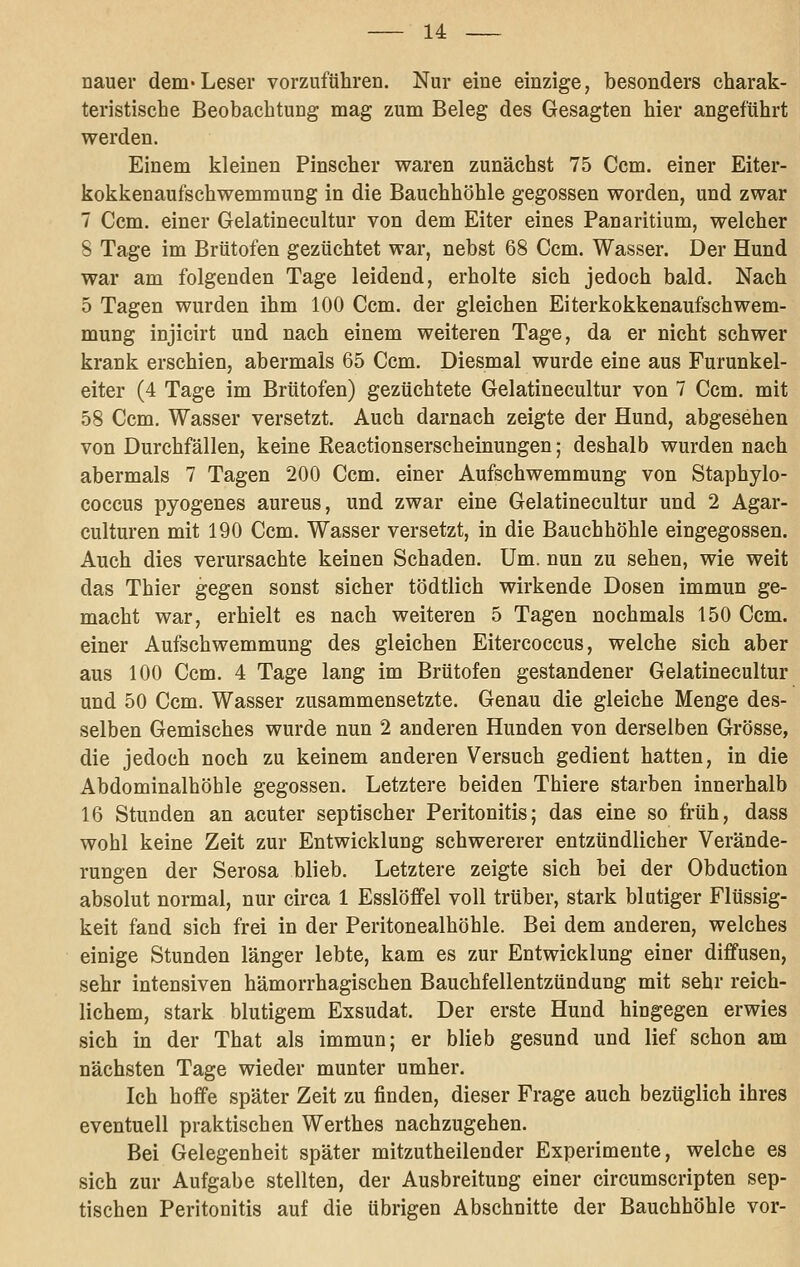 nauer dem-Leser vorzuführen. Nur eine einzige, besonders charak- teristische Beobachtung mag zum Beleg des Gesagten hier angeführt werden. Einem kleinen Pinscher waren zunächst 75 Ccm. einer Eiter- kokkenaufschwemmung in die Bauchhöhle gegossen worden, und zwar 7 Ccm. einer Gelatinecultur von dem Eiter eines Panaritium, welcher 8 Tage im Brütofen gezüchtet war, nebst 68 Ccm. Wasser. Der Hund war am folgenden Tage leidend, erholte sich jedoch bald. Nach 5 Tagen wurden ihm 100 Ccm. der gleichen Eiterkokkenaufschwem- mung injicirt und nach einem weiteren Tage, da er nicht schwer krank erschien, abermals 65 Ccm. Diesmal wurde eine aus Furunkel- eiter (4 Tage im Brütofen) gezüchtete Gelatinecultur von 7 Ccm. mit 58 Ccm. Wasser versetzt. Auch darnach zeigte der Hund, abgesehen von Durchfällen, keine Reactionserscheinungen; deshalb wurden nach abermals 7 Tagen 200 Ccm. einer Aufschwemmung von Staphylo- coccus pyogenes aureus, und zwar eine Gelatinecultur und 2 Agar- culturen mit 190 Ccm. Wasser versetzt, in die Bauchhöhle eingegossen. Auch dies verursachte keinen Schaden. Um. nun zu sehen, wie weit das Thier gegen sonst sicher tödtlich wirkende Dosen immun ge- macht war, erhielt es nach weiteren 5 Tagen nochmals 150 Ccm. einer Aufschwemmung des gleichen Eitercoccus, welche sich aber aus 100 Ccm. 4 Tage lang im Brütofen gestandener Gelatinecultur und 50 Ccm. Wasser zusammensetzte. Genau die gleiche Menge des- selben Gemisches wurde nun 2 anderen Hunden von derselben Grösse, die jedoch noch zu keinem anderen Versuch gedient hatten, in die Abdominalhöhle gegossen. Letztere beiden Thiere starben innerhalb 16 Stunden an acuter septischer Peritonitis; das eine so früh, dass wohl keine Zeit zur Entwicklung schwererer entzündlicher Verände- rungen der Serosa blieb. Letztere zeigte sich bei der Obduction absolut normal, nur circa 1 Esslöffel voll trüber, stark blutiger Flüssig- keit fand sich frei in der Peritonealhöhle. Bei dem anderen, welches einige Stunden länger lebte, kam es zur Entwicklung einer diffusen, sehr intensiven hämorrhagischen Bauchfellentzündung mit sehr reich- lichem, stark blutigem Exsudat. Der erste Hund hingegen erwies sich in der That als immun; er blieb gesund und lief schon am nächsten Tage wieder munter umher. Ich hoffe später Zeit zu finden, dieser Frage auch bezüglich ihres eventuell praktischen Werthes nachzugehen. Bei Gelegenheit später mitzutheilender Experimente, welche es sich zur Aufgabe stellten, der Ausbreitung einer circumscripten sep- tischen Peritonitis auf die übrigen Abschnitte der Bauchhöhle vor-