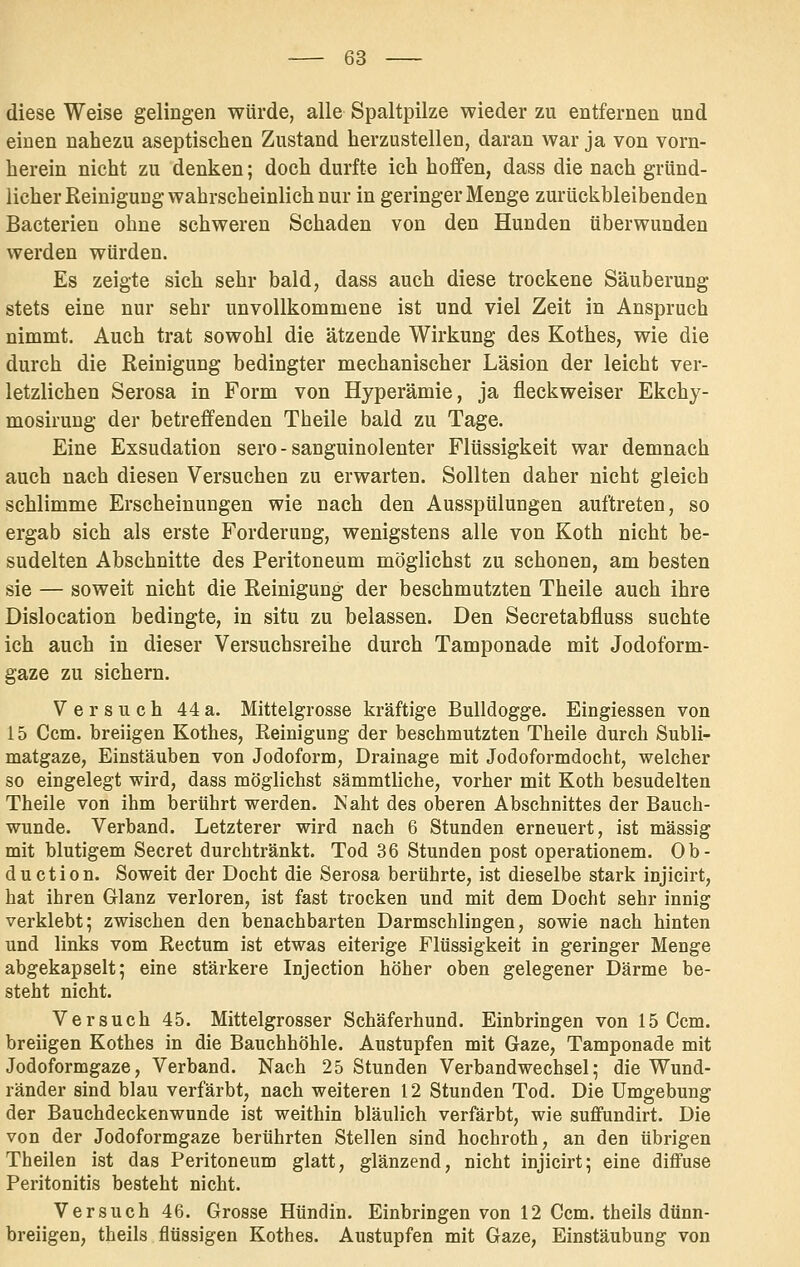 diese Weise gelingen würde, alle Spaltpilze wieder zu entfernen und einen nahezu aseptischen Zustand herzustellen, daran war ja von vorn- herein nicht zu denken; doch durfte ich hoffen, dass die nach gründ- licher Reinigung wahrscheinlich nur in geringer Menge zurückbleibenden Bacterien ohne schweren Schaden von den Hunden überwunden werden würden. Es zeigte sich sehr bald, dass auch diese trockene Säuberung stets eine nur sehr unvollkommene ist und viel Zeit in Anspruch nimmt. Auch trat sowohl die ätzende Wirkung des Kothes, wie die durch die Reinigung bedingter mechanischer Läsion der leicht ver- letzlichen Serosa in Form von Hyperämie, ja fleckweiser Ekchy- mosirung der betreffenden Theile bald zu Tage. Eine Exsudation sero - sanguinolenter Flüssigkeit war demnach auch nach diesen Versuchen zu erwarten. Sollten daher nicht gleich schlimme Erscheinungen wie nach den Ausspülungen auftreten, so ergab sich als erste Forderung, wenigstens alle von Koth nicht be- sudelten Abschnitte des Peritoneum möglichst zu schonen, am besten sie — soweit nicht die Reinigung der beschmutzten Theile auch ihre Dislocation bedingte, in situ zu belassen. Den Secretabfluss suchte ich auch in dieser Versuchsreihe durch Tamponade mit Jodoform- gaze zu sichern. Versuch 44a. Mittelgrosse kräftige Bulldogge. Eingiessen von 15 Com. breiigen Kothes, Reinigung der beschmutzten Theile durch Subli- matgaze, Einstäuben von Jodoform, Drainage mit Jodoformdocht, welcher so eingelegt wird, dass möglichst sämmtliche, vorher mit Koth besudelten Theile von ihm berührt werden. Naht des oberen Abschnittes der Bauch- wunde. Verband. Letzterer wird nach 6 Stunden erneuert, ist massig mit blutigem Secret durchtränkt. Tod 36 Stunden post operationem. Ob- duction. Soweit der Docht die Serosa berührte, ist dieselbe stark injicirt, hat ihren Glanz verloren, ist fast trocken und mit dem Docht sehr innig verklebt; zwischen den benachbarten Darmschlingen, sowie nach hinten und links vom Rectum ist etwas eiterige Flüssigkeit in geringer Menge abgekapselt; eine stärkere Injection höher oben gelegener Därme be- steht nicht. Versuch 45. Mittelgrosser Schäferhund. Einbringen von 15 Ccm. breiigen Kothes in die Bauchhöhle. Austupfen mit Gaze, Tamponade mit Jodoformgaze, Verband. Nach 25 Stunden Verbandwechsel; die Wund- ränder sind blau verfärbt, nach weiteren 12 Stunden Tod. Die Umgebung der Bauchdeckenwunde ist weithin bläulich verfärbt, wie suffundirt. Die von der Jodoformgaze berührten Stellen sind hochroth, an den übrigen Theilen ist das Peritoneum glatt, glänzend, nicht injicirt; eine diffuse Peritonitis besteht nicht. Versuch 46. Grosse Hündin. Einbringen von 12 Ccm. theils dünn- breiigen, theils flüssigen Kothes. Austupfen mit Gaze, Einstäubung von