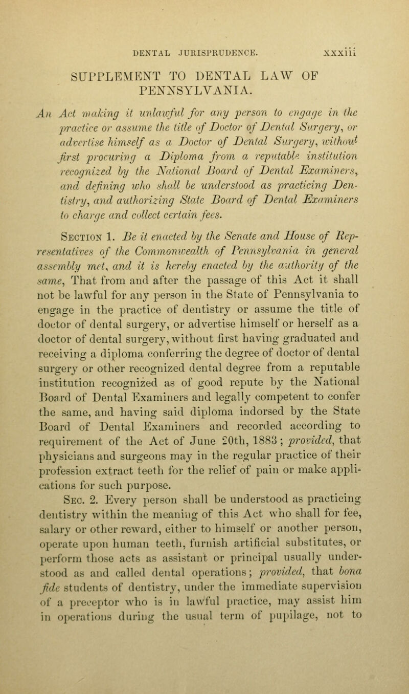 SUPPLEMENT TO DENTAL LAW OF PENNSYLVANIA. An Act nailing it unlawful for any person to engage in the practice or assume the title of Doctor of Dental Surgery, or advertise himself as a Doctor of Dental Surgery, without first procuring a Diploma from a reputable institution recognized by the National Board of Dental Examiners, and defining who shall be understood as practicing Den- tistry, and authorizing State Board of Dented Examiners to charge and collect certain fees. Section 1. Be it enacted by the Senate and House of Rep- resentatives of the Commonwealth of Pennsylvania in general assembly met, and it is hereby enacted by the authority of the same, That from and after the passage of this Act it shall not he lawful for any person in the State of Pennsylvania to engage in the practice of dentistry or assume the title of doctor of dental surgery, or advertise himself or herself as a doctor of dental surgery, without first having graduated and receiving a diploma conferring the degree of doctor of dental surgery or other recognized dental degree from a reputable institution recognized as of good repute by the National Board of Dental Examiners and legally competent to confer the same, and having said diploma indorsed by the State Board of Dental Examiners and recorded according to requirement of the Act of June 20th, 1883 ; provided, that physicians and surgeons may in the regular practice of their profession extract teeth for the relief of pain or make appli- cations for such purpose. Sec 2. Every person shall be understood as practicing dentistry within the meaning of this Act who shall for fee, salary or other reward, either to himself or another person, operate upon human teeth, furnish artificial substitutes, or perform those acts as assistant or principal usually under- stood as and called dental operations; provided, that bona fide Students of dentistry, under the immediate supervision of a preceptor who is in lawful practice, may assist him in operations during the usual term of pupilage, not to