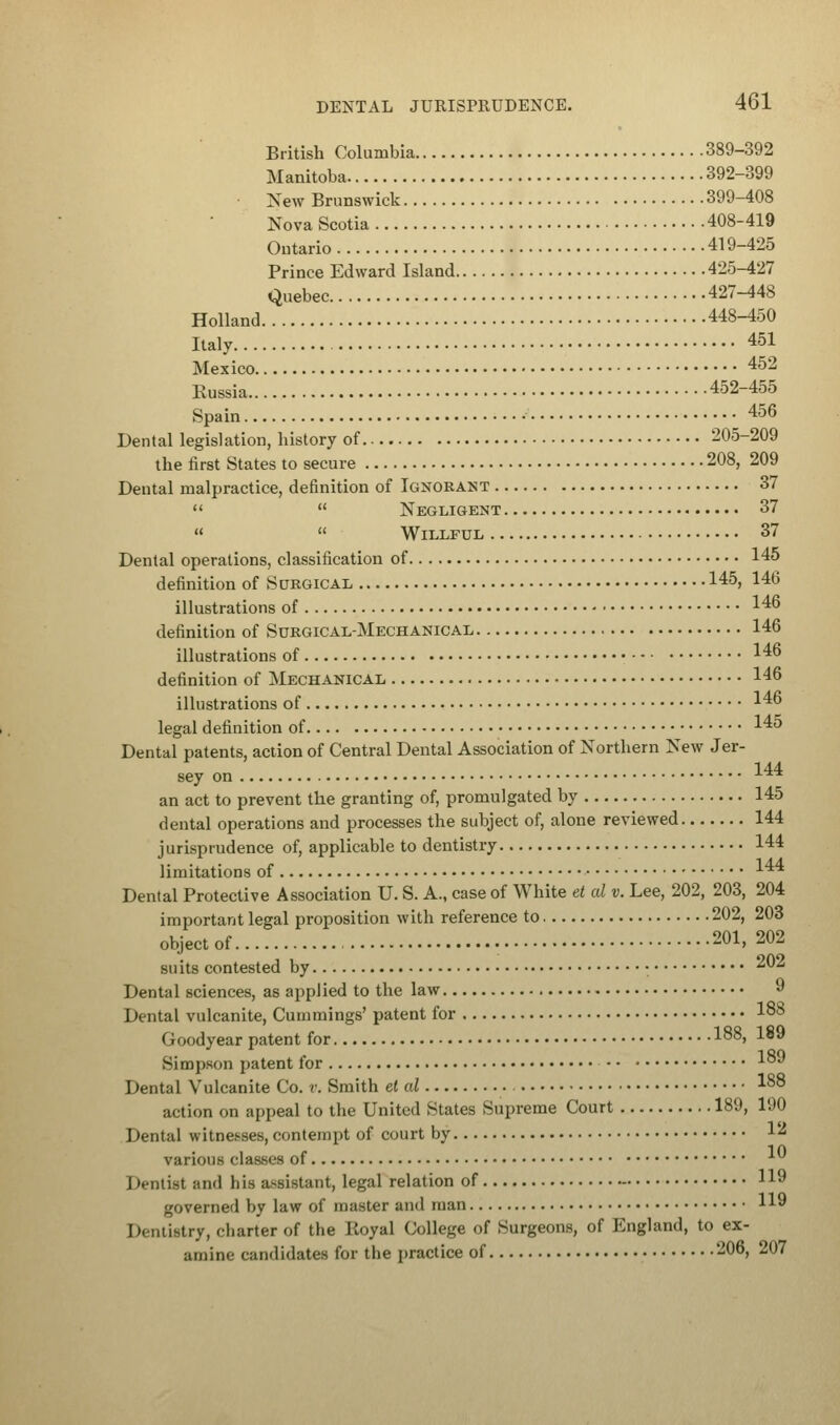 British Columbia 389-392 Manitoba 392-399 New Brunswick 399-408 Nova Scotia 408-419 Outario 419-425 Prince Edward Island 425-427 Quebec 427-448 Holland 448-450 Italy 451 Mexico 452 Russia 452-455 Spain • 456 Dental legislation, history of 205-209 the first States to secure 208, 209 Dental malpractice, definition of Ignorant 37   Negligent 37   Willful 37 Dental operations, classification of 145 definition of Surgical 145, 14(3 illustrations of - 146 definition of Surgical-Mechanical 146 illustrations of 146 definition of Mechanical 146 illustrations of 146 legal definition of 145 Dental patents, action of Central Dental Association of Northern New Jer- 144 sey on -LT* an act to prevent the granting of, promulgated by 145 dental operations and processes the subject of, alone reviewed 144 jurisprudence of, applicable to dentistry 144 limitations of 144 Dental Protective Association U. S. A., case of White et al v. Lee, 202, 203, 204 important legal proposition with reference to 202, 203 object of . 201,202 suits contested by • 202 Dental sciences, as applied to the law 9 Dental vulcanite, Cummings' patent for 188 Goodyear patent for 18$, 189 Simpson patent for 1^ Dental Vulcanite Co. v. Smith et al 188 action on appeal to the United States Supreme Court 189, 190 Dental witnesses, contempt of court by 12 various classes of ^ I xntist and bis assistant, legal relation of 119 governed by law of master and man 119 Dentistry, charter of the Royal College of Surgeons, of England, to ex- amine' candidates for the practice of 206, 207