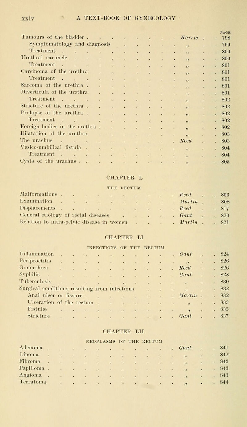 Tumours of the bladder Harris Symptomatology and diagnosis „ Treatment . ,, Urethral caruncle ........... Treatment . ,, Carcinoma of the urethra „ Treatment ........... Sarcoma of the urethra . . „ Diverticula of the urethra ........ Treatment . „ Stricture of the urethra . ■ „ Prolapse of tlie urethra . „ Treatment ........... Foreign bodies in the urethra ........ Dilatation of the urethra ........ The urachus Reed Vesico-umbilical fistula ,, Treatment „ Cysts of the urachus .......... CHAPTER L THE RECTUM Malformations ...... Examination ...... Displacements ...... General etiology of rectal diseases Relation to intra-pelvic disease in women Reed Martin Reed Gant Martin CHAPTER LI INFECTIOIS'S OF THE RECTUM Inflammation . . . . . . . . . . Gant Periproctitis .......... „ Gonorrhoea Reed Syphilis Gant Tuberculosis ............ Surgical conditions resulting from infections . . . „ Anal ulcer or fissure Martin Ulceration of the rectum „ Fistulse „ Stricture Gant CHAPTER LII MEOPLASMS OF THE RECTUM Adenoma Gant Lipoma ■ „ Fibroma „ Papilloma „ Angioma ............ Terratoma