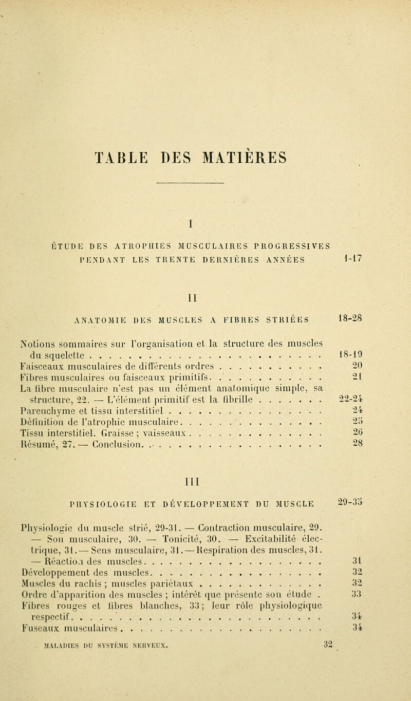 TABLE DES MATIERES ÉTUDE DES ATROPHIES MUSCULAIRES PROGRESSIVES PENDANT LES TRENTE DERNIÈRES ANNÉES 1-17 II ANATOMIE DES MUSCLES A FIBRES STRIÉES 18-28 Notions sommaires sur l'organisation et la structure des muscles du squelette 18-19 Faisceaux musculaires de différents ordres 20 Fibres musculaires ou faisceaux primitifs. 21 La fibre musculaire n'est pas un élément anatomique simple, sa structure, 22. — L'élément primitif est la fibrille 22-24 Pareacliyme et tissu interstitiel . 24 Définition de l'atrophie musculaire 23 Tissu interstitiel. Graisse ; vaisseaux 26 Résumé, 27. — Conclusion. .• 28 III PHYSIOLOGIE ET DÉVELOPPEMENT DU MUSCLE 29-3o Physiologie du muscle strié, 29-31. — Contraction musculaire, 29. — Son musculaire, 30. — Tonicité, 30. — Excitabilité élec- trique, 31.—^ Sens musculaire, 31. — Hespiration des muscles, 31. — Réaction des muscles 31 Développement des muscles 32 Muscles du rachis ; muscles pariétaux 32 Or<Ire d'apparition des muscles ; intérêt que présente sou étude . 33 Fibres rouges et libres blanches, 33; leur rôle physiologique respectif 34 Fuseaux musculaires 34 MALADIES DU SYSTÈME NEHVEUX. 32