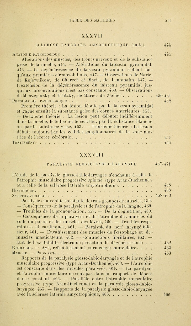XXXVIl SCLÉROSE LATÉRALE AM YOTRO l'IlIQ U E (suite). 444 A.NAÏOMIE PAÏHOLOGIQUK 444 Altérations des muscles, des troncs nerveux et de la substance grise de la moelle, 444. — Altérations du l'aisceau pyramidal, 44.'). — La dégénérescence du faisceau pyramidal s'étend jus- qu'aux premières circonvolutions, 447.— Observations de Marie, de Kojewnikow, de Charcot et Marie, de Lennmalm, 447. — L'extension de la dégénérescence du faisceau pyramidal jus- qu'aux circonvolutions n'est pas constante, 450. — Observations de Mierzejewsky et Erlitzky, de Marie, de Zacher 4o0-4ol Physiologie pathologique 4o2 Première théorie : La lésion débute par le faisceau pyramidal et gagne ensuite la substance grise des cornes antérieures, 4B3. — Deuxième théorie : La lésion peut débuter indifféremment dans la moelle, le bulbe ou le cerveau, par la substance blanche ou parla substance grise, 4b3. — Troisième théorie : La lésion débute toujours par les cellules ganglionnaires de la zone mo- ' tiice de Fécorce cérébrale 454 Tkaiïemeat: 456 XXXVIII PARALYSIE GLOSSO-LABIO-LARYiVGÉE 457-471 L'étude de la paralysie glosso-labio-laryngée s'enchaine à celle de l'atrophie musculaire progressive spinale (type Aran-Duchenne;, et à celle de la sclérose latérale amyotrophique 458 Historique 458 Syju'tomatologie 458-463 Paralysie et atrophie constante de trois groupes de muscles, 459. — ConsQquences de la paralysie et de l'atrophie de la langue, 459. — Troubles de la prononciation, 459. — De la déglutition, 460. —■ Conséquences de la paralysie et de l'atrophie des muscles du voile du palais et des muscles des lèvres, 460. — Troubles respi- ratoires et cardiaques, 461. — Paralysie du nerf laryngé infé- rieur, 461. — Envahissement des muscles de l'œsophage et des muscles masticateurs, 462. —■ Contractions fibrillaires, 462. — Etat de l'excitabilité électrique ; réaction de dégénérescence . . 462 Etiolooie. — Age, refroidissement, surmenage musculaire. . . . 463 ^LvHciiE. — Pronostic 463 Rapports de la paralysie glosso-labio-laryngée et de l'alrophie musculaire progressive (type Arau-Duchenne), 463.— L'atrophie est constante dans les muscles paralysés, 464. — La paralysie et l'atrophie musculaire ne sont pas dans un rapport de dépen- dance constant, 465. — l'arallèle entre l'atrophie musculaire progressive (type Aran-Duchenne) et la paralysie glosso-labio- laryngée, 465. — Rapports de la paralysie glosso-labio-laryngée avec la sclérose latérale amyotrophique, 466 466
