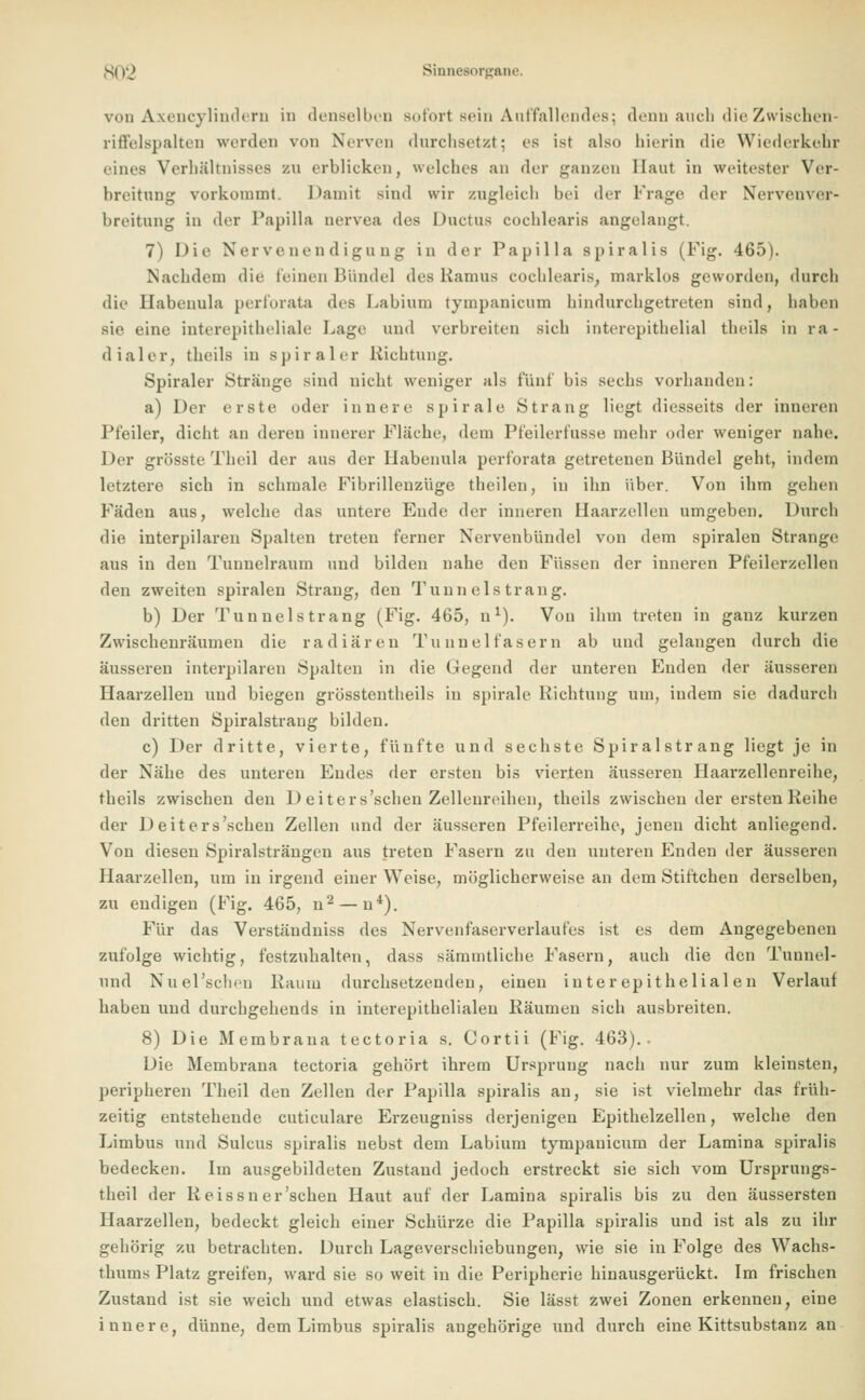von Axencylindern in denselben Bofort sein Auffallendes; denn auch dieZwischen- riffelspalten werden von Nerven durchsetzt; es ist also hierin die Wiederkehr eines Verhältnisses ZU erblicken, welches an der ganzen Haut in weitester Ver- breitung vorkommt. Damit sind wir zugleich bei der Frage der Nervenver- breitung in der Papilla nervea des Ductus cochlearis angelangt. 7) Die Nervenendigung in der Papilla spiralis (Fig. 465). Nachdem die leinen Bündel des Kanins cochlearis, marklos geworden, durch die Ilabcnula perforata des Labium tympanicum hindurchgetreten sind, haben sie eine interepitheliale Lage und verbreiten sich interepithelial theils in ra- dialer, tlieils in Spiral er Richtung. Spiraler Stränge sind nicht weniger als fünf bis sechs vorhanden: a) Der erste oder innere Spirale Strang liegt diesseits der inneren Pfeiler, dicht an deren innerer Fläche, dem Pfeilerfusse mehr oder weniger nahe. Der grösste Theil der aus der llabenula perforata getretenen Bündel geht, indem letztere, sich in schmale Fibrillenzüge theilen, in ihn über. Von ihm gehen Fäden aus, welche das untere Ende der inneren Haarzellen umgeben. Durch die interpilaren Spalten treten ferner Nervenbündel von dem spiralen Strange aus in den Tunnelrauin und bilden nahe den Füssen der inneren Pfeilerzellen den zweiten spiralen Strang, den Tunnelstrang. b) Der Tunnel sträng (Fig. 465, u1). Von ihm treten in ganz kurzen Zwischenräumen die radiären Tunnel fasern ab und gelangen durch die äusseren interpilaren Spalten in die Gegend der unteren Enden der äusseren Haarzellen und biegen grösstentheils in Spirale Richtung um, indem sie dadurch den dritten Spiralstrang bilden. c) Der dritte, vierte, fünfte und sechste Spiralstrang liegt je in der Nähe des unteren Endes der ersten bis vierten äusseren Haarzellenreihe, theils zwischen den D eiters'sehen Zellenreihen, theils zwischen der ersten Reihe der Deiters'schen Zellen und der äusseren Pfeilerreihe, jenen dicht anliegend. Von diesen Spiralsträngen aus treten Fasern zu den unteren Enden der äusseren Haarzellen, um in irgend einer Weise, möglicherweise an dem Stiftchen derselben, zu endigen (Fig. 465, n2 — u4). Für das Verständniss des Nervenfaserverlaufes ist es dem Angegebenen zufolge wichtig, festzuhalten, dass sämmtliche Fasern, auch die den Tuunel- und Nuel'schen Raum durchsetzenden, einen inter epithelial en Verlauf haben und durchgehends in interepithelialen Räumen sich ausbreiten. 8) Die Membrana tectoria s. Cortii (Fig. 463).. Die Membrana tectoria gehört ihrem Ursprung nach nur zum kleinsten, peripheren Theil den Zellen der Papilla spiralis an, sie ist vielmehr das früh- zeitig entstehende cuticulare Erzeugniss derjenigen Epithelzellen, welche den Limbus und Sulcus spiralis nebst dem Labium tympauicum der Lamina spiralis bedecken. Im ausgebildeten Zustand jedoch erstreckt sie sich vom Ursprungs- theil der Reissner'schen Haut auf der Lamina spiralis bis zu den äussersten Haarzellen, bedeckt gleich einer Schürze die Papilla spiralis und ist als zu ihr gehörig zu betrachten. Durch Lageverschiebungen, wie sie in Folge des Wachs- thums Platz greifen, ward sie so weit in die Peripherie hinausgerückt. Im frischen Zustand ist sie weich und etwas elastisch. Sie lässt zwei Zonen erkennen, eine innere, dünne, dem Limbus spiralis augehörige und durch eine Kittsubstanz an