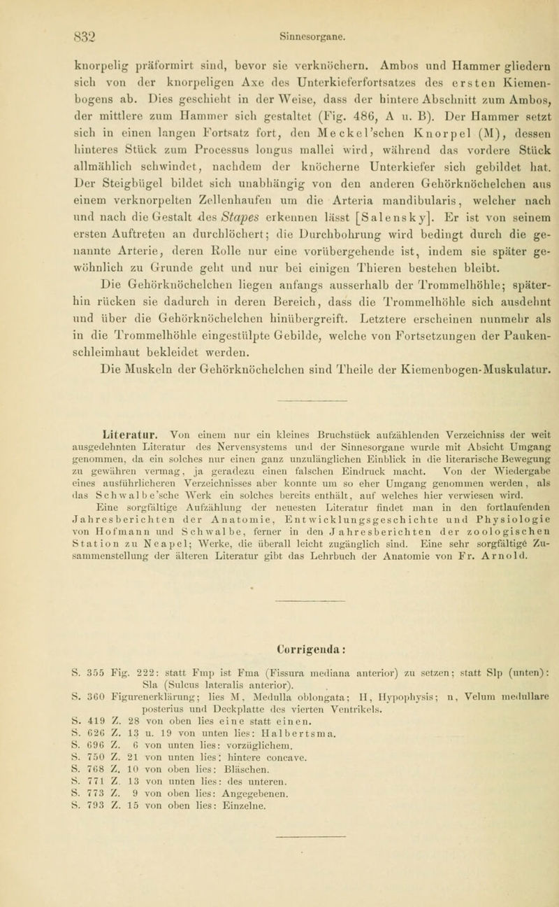 knorpelig präform irt sind, bevor sie verknöchern. Arnims und Hammer gliedern sich von der knorpeligen Axe des Unterkieferfortsatzes des ersten Kiemen- bogens ab. Dies gescbieht in der Weise, dass der hintere Abschnitt zum Arnims, der mittlere zum Hammer sich gestaltet (Fig. 486, A u. 13). Her Hammer setzt sich in einen langen Fortsatz fort, den Me ekel'sehen Knorpel (M), dessen hinteres Stück zum Processus longus mallei wird, während das vordere Stück allmählich schwindet, nachdem der knöcherne Unterkiefer sieh gebildet hat. Der Steigbügel bildet sich unabhängig von den anderen Gehörknöchelchen aus einem verknorpelten Zellenhaufen um die Arteria mandibularis, welcher nach und nach die Gestalt <les Stapes erkennen lässt [Salensky]. Er ist von seinem ersten Auftreten an durchlöchert; die Durchbohrung wird bedingt durch die ge- nannte Arterie, deren Rolle nur eine vorübergehende ist, indem sie später ge- wöhnlich zu Grunde geht und nur bei einigen Thieren bestehen bleibt. Die Gehörknöchelchen liegen anfangs ausserhalb der Trommelhöhle; später- hin rücken sie dadurch in deren Bereich, dass die Trommelhöhle sich ausdehnt und über die Gehörknöchelchen hinübergreift. Letztere erscheinen nunmehr als in die Trommelhöhle eingestülpte Gebilde, welche von Fortsetzungen der Panken- schleimhaut bekleidet werden. Die Muskeln der Gehörknöchelchen sind Theile der Kiemenbogen-Muskulatur. Literatur. Von einem mir ein kleines Bruchstück aufzählenden Verzeichniss der weit ausgedehnten Literatur des Nervensystems und der Sinnesorgane wurde mit Absicht Umgang genommen, da ein solches nur einen ganz unzulänglichen Einblick in die literarische Bewegung zu gewähren vermag, ja geradezu einen falschen Eindruck macht. Von der Wiedergabe eines ausführlicheren Verzeichnisses aber konnte um so eher Umgang genommen werden . als das Schwal be'sche Werk ein solches bereits enthält, auf welches hier verwiesen wird. Eine sorgfältige Aufzählung der neuesten Literatur findet man in den fortlaufenden J all res berichten der Anatomie, Entwicklungsgeschichte und Physiologie Mm Hofmann und Schwalbe, ferner in den Jahresberichten der zoologischen Station zu Neapel; Werke, die überall leicht zugänglich sind. Eine sehr sorgfältige Zu- sammenstellung der älteren Literatur gibt das Lehrbuch der Anatomie von Fr. Arnold. Corriffenda S. ?,')') Fig. 222: statt Fmp ist Frna (Fissura mediana anterior) zu setzen; statt Slp (unten): Sla (Sulcus lateralis anterior). S. 3G0 Figurenerklärung; lies M. Medulla oblongata; II, Bypophysis; n, Velum medulläre posterius und Deckplatte des vierten Ventrikels. S. 419 Z. 28 von oben lies eine statt einen. S. 626 Z. 13 u. 19 von unten lies: Halbertsma. S. 096 Z. G von unten lies: vorzüglichem. S. 750 Z. 21 von unten lies: hintere coneave. S. 768 Z. 10 von oben lies: Bläschen. 8. 771 Z. 13 von unten lies: des unteren. S. 7 73 Z. 9 von oben lies: Angegebenen. S. 793 Z. 15 von oben lies: Einzelne.