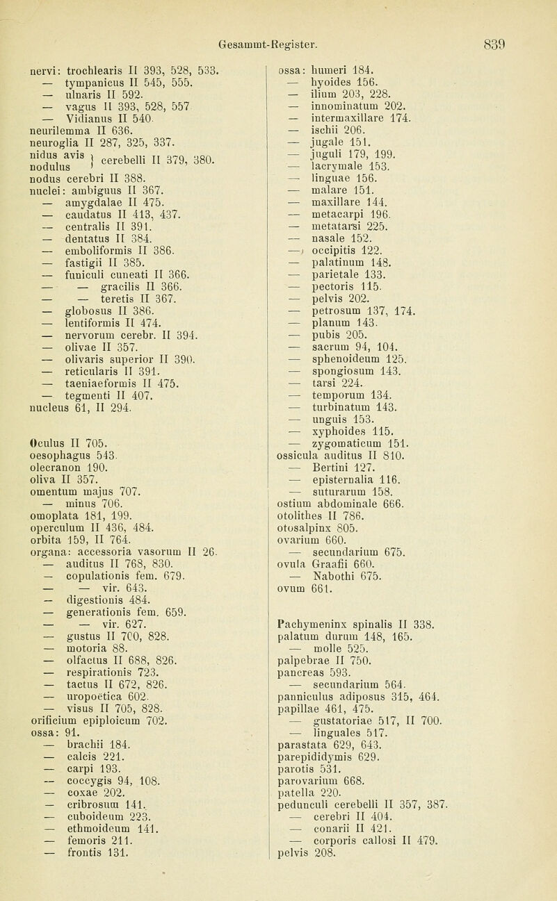 nervi: trochlearis II 393, 528, 533. — tympanicus II 545, 555. — ulnaris II 592. — vagus II 393, 528, 557 — Vidianus II 540. neurilemma II 636. neuroglia II 287, 325, 337. nidus avis j cerebelli „ 379 380. nodulus ' nodus cerebri II 388. nuclei: auabiguus II 367. — amygdalae II 475. — caudatus II 413, 437. — centralis II 391. — dentatus II 384. — emboliformis II 386. — fastigii II 385. — funiculi cuneati II 366. — — gracilis II 366. — — teretis II 367. — globosus II 386. — lentiformis II 474. — nervorum cerebr. II 394. — olivae II 357. — olivaris superior II 390. — reticularis II 391. — taeniaeformis II 475. — tegmenti II 407. nucleus 61, II 294. Oculus II 705. Oesophagus 543. olecranon 190. oliva II 357. Omentum majus 707. — minus 706. omoplata 181, 199. operculum II 436, 484. orbita 159, II 764. Organa: accessoria vasorum II 26. — auditus II 768, 830. — copulationis fem. 679. — — vir. 643. — digestionis 484. — generationis fem. 659. — — vir. 627. — gustus II 7C0, 828. — motoria 88. — olfactus II 688, 826. — respirationis 723. — tactus II 672, 826. — uropoetica 602. — visus II 705, 828. orificium epiploicum 702. ossa: 91. — brachii 184. — calcis 221. — carpi 193. — coccygis 94, 108. — coxae 202. — cribrosuca 141.. — cuboideum 223. — ethmoideum 141. — femoris 211. — frontis 131. ossa: humeri 184. — hyoides 156. — ilium 203, 228. — innominatum 202. — intermaxillare 174. — ischii 206. — jugale 151. — juguli 179, 199. — lacrymale 153. —■ linguae 156. — malare 151. — maxillare 144. — metacarpi 196. — metatarsi 225. — nasale 152. — i occipitis 122. — palatinum 148. — parietale 133. — pectoris 115. — pelvis 202. — petrosum 137, 174. — planum 143. — pubis 205. — sacrum 94, 104. — sphenoideum 125. — spongiosum 143. — tarsi 224. — temporum 134. — turbinatum 143. — unguis 153. — xyphoides 115. — zygomaticum 151. ossicula auditus II 810. — Bertini 127. — episternalia 116. — suturarum 158. ostium abdominale 666. otolithes II 786. otosalpinx 805. ovarium 660. — secundarium 675. Ovula Graafii 660. — Nabothi 675. ovum 661. Pachymeninx spinalis II 338. palatum durum 148, 165. — molle 525. palpebrae II 750. pancreas 593. — secundarium 564. panniculus adiposus 315, 464. papillae 461, 475. — gustatoriae 517, II 700. — linguales 517. parastata 629, 643. parepididymis 629. parotis 531. parovarium 668. patella 220. pedunculi cerebelli II 357, 387. — cerebri II 404. — conarii II 421. — corporis callosi II 479. pelvis 208.
