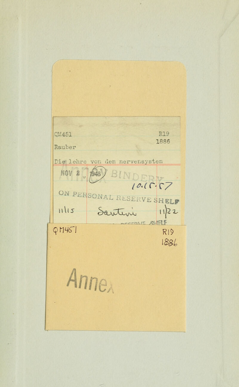 QL1451 R19 1886 Rauber lehre von dem nervensystem ISK4 Ann
