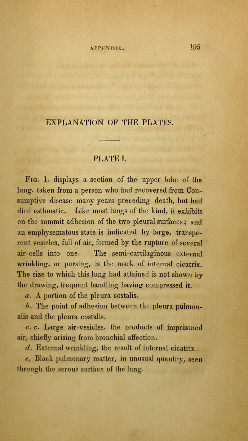 EXPLANATION OF THE PLATES. PLATE I. Fig. I. displays a section of the upper lobe of the lung, taken from a person who had recovered from Con- sumptive disease many years preceding death, but had died asthmatic. Like most lungs of the kind, it exhibits on the summit adhesion of the two pleural surfaces; and an emphysematous state is indicated by large, transpa- rent vesicles, full of air, formed by the rupture of several air-cells into one. The semi-cartilaginous external wrinkling, or pursing, is the mark of internal cicatrix. The size to which this lung had attained is not shown by the drawing, frequent handling having compressed it. a. A portion of the pleura costalis. b. The point of adhesion between the pleura pulmon- alis and the pleura costalis. c. c. Large air-vesicles, the products of imprisoned air, chiefly arising from bronchial affection. d. External wrinkling, the result of internal cicatrix. e. Black pulmonary matter, in unusual quantity, seen through the serous surface of the lung.