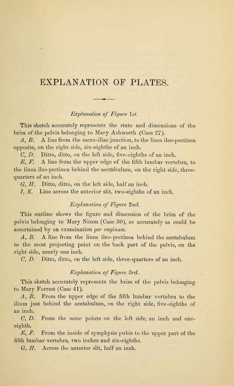 EXPLANATION OF PLATES. Explanation of Figure 1st. This sketch accurately represents the state and dimensions of the brim of the pelvis belonging to Mary Ashworth (Case 27). A, B. A line from the sacro-iliac junction, to the linea ileo-pectinea opposite, on the right side, six-eighths of an inch. G, D. Ditto, ditto, on the left side, five-eighths of an inch. £^, F. A line from the upper edge of the fifth lumbar vertebra, to the linea ileo-pectinea behind the acetabulum, on the right side, three- quarters of an inch. Gi H. Ditto, ditto, on the left side, half an inch. /, K. Line across the anterior slit, two-eighths of an inch. Explanation of Figure 2nd. This outline shows the figure and dimension of the brim of the pelvis belonging to Mary Nixon (Case 30), as accurately as could be ascertained by an examination ^)er vaginam. A, B. A line from the linea ileo-pectinea behind the acetabulum to the most projecting point on the back part of the pelvis, on the right side, nearly one inch. G, D. Ditto, ditto, on the left side, three-quarters of an inch. Explanation of Figure Srd. This sketch accurately represents the brim of the pelvis belonging to Mary Forrest (Case 41). A, B. From the upper edge of the fifth lumbar vertebra to the ilium just behind the acetabulum, on the right side, five-eighths of an inch. G, D. From the same points on the left side, an inch and one- eighth. E., F. From the inside of symphysis pubis to the upper part of the fifth lumbar vertebra, two inches and six-eighths. G, H. Across the anterior slit, half an inch.