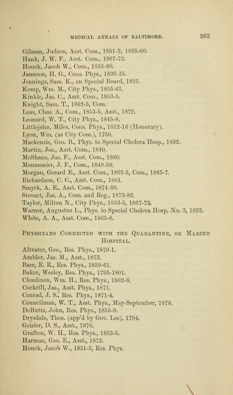 MEDICAL AN'NALH ok i:A i.iTXOBB. 208 Gilman, Judson, A.sst. Com., L851 3, L855 60. Bank, .1. W. P., Asst. ( om., L867-72. Eouok, Jacob W., Com., 1855-60. Jameson, I!. G., Oons. Phys., L826 35. Jennings, Sam. K., on Special Board, 1821. Kemp,Wm. .M., City Phys., 1855-61. Kin Isle Jas. <'., Asst, Coin., L853-5. Knight, Sam. T., 18G2-5, Com. Lens, Chas. A., Com., 1853-5, Asst, 1872. [Leonard, W. T., City Phys., 1845-8. Littlejohn, Miles, Oons. Phys., 1812-16 (Honorary). Lyon, Win. (as City Com.), 1750. Mackenzie, Geo. P., Phys. fco Special Cholera Hosp., 1832. Martin, Jos., Asst. Coin., 1840. McShane, Jas. F., Asst. Com., 1880. Monmonier, J. F., Com., 1849-50. Morgan, Gerard E., Asst. Com., 1862-5, Com., 1865-7. Kichardson, C. C, Asst. Com., 1861. Smyrk, A. E., Asst. Com., 1874-80. Steuart, Jas. A., Com. and Reg., 1873-82. Taylor, Milton N., City Phys., 1853-5, 1867-72. Warner, Augustus L., Phys. to Special Cholera Hosp. No. 3, 1832. White, A. A., Asst. Com., 1865-8. Physicians Connected with the Quarantine, or Marine Hospital. Altvater, Geo., Pes. Phys., 1870-1. Ambler, Jas. M., Asst., 1S73. Baer, E. P., Pes. Phys., 1859-61. Baker, Wesle}', Pes. Phys., 1795-1801. Clendmen, Wm. H., Res. Phys., 1862-8. Cockrill, Jas., Asst. Phys., 1871. Conrad, J. S., Pes. Phys., 1871-4. Councilman, W. T., Asst. Phys., May-September, 1878. DeBntts, John, Pes. Phys., 1855-9. Drysdale, Thos. (app'd by Gov. Lee), 1794. Geisler, D. S., Asst,, 1876. Grafton, W. H., Res. Phys., 1853-5. Harman, Geo. E., Asst, 18T'-2. Honck, Jacob W., 1851-3, Pes. Phys. \