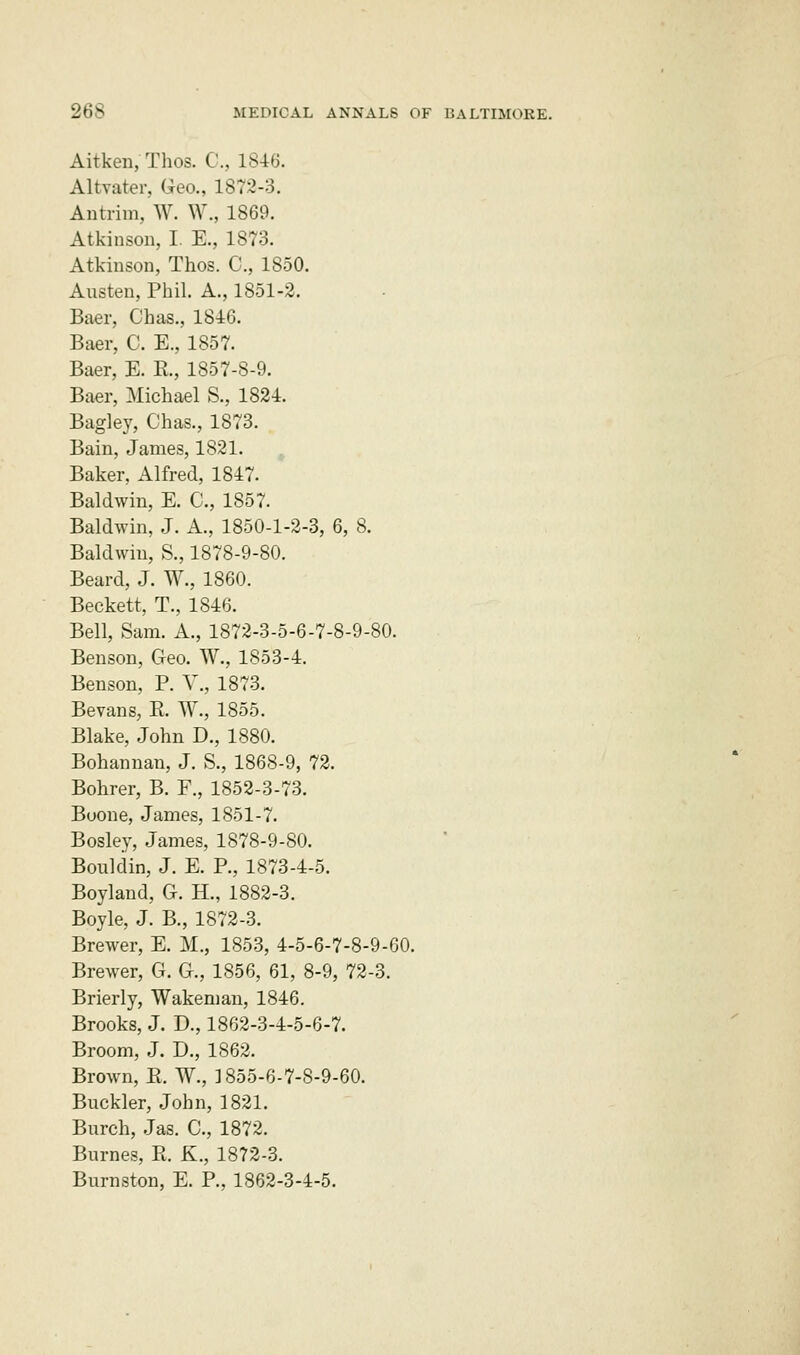 Aitken, Thos. C, 1846. Altvater, Geo., 1872-3. Antrim, W. W., 1869. Atkinson, I. E., 1873. Atkinson, Thos. C, 1850. Austen, Phil. A., 1851-2. Baer, Chas., 1846. Baer, C. E., 1857. Baer, E. R., 1857-8-9. Baer, Michael S., 1824. Bagley, Chas., 1873. Bain, James, 1821. Baker, Alfred, 1847. Baldwin, E. C, 1857. Baldwin, J. A., 1850-1-2-3, 6, 8. Baldwin, S., 1878-9-80. Beard, J. W., 1860. Beckett, T., 1846. Bell, Sam. A., 1872-3-5-6-7-8-9-80. Benson, Geo. W., 1853-4. Benson, P. V., 1873. Bevans, E. W., 1855. Blake, John D., 1880. Bohannan, J. S., 1868-9, 72. Bohrer, B. P., 1852-3-73. Boone, James, 1851-7. Bosley, James, 1878-9-80. Bouldin, J. E. P., 1873-4-5. Boyland, G. H., 1882-3. Boyle, J. B., 1872-3. Brewer, E. M., 1853, 4-5-6-7-8-9-60. Brewer, G. G., 1856, 61, 8-9, 72-3. Brierly, Wakeman, 1846. Brooks, J. D., 1862-3-4-5-6-7. Broom, J. D., 1862. Brown, E. W., 1855-6-7-8-9-60. Buckler, John, 1821. Burch, Jas. C., 1872. Burnes, E. K., 1872-3. Burnston, E. P., 1862-3-4-5.