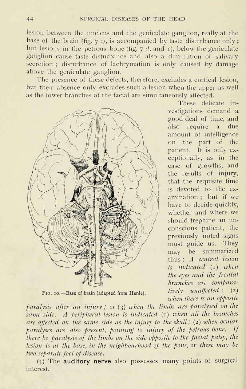 lesion between the nucleus and the geniculate ganglion, really at the base of the brain (fig. 7 c), is accompanied by taste disturbance only; but lesions in the petrous bone (fig. 7 d, and c), below the geniculate ganglion cause taste disturbance and also a diminution of salivary secretion ; disturbance of lachrymation is only caused by damage above the geniculate ganglion. The presence of these defects, therefore, excludes a cortical lesion, but their absence only excludes such a lesion when the upper as well as the lower branches of the facial are simultaneously affected. These delicate in- vestigations demand a good deal of time, and also require a due amount of intelligence the part of the on patient. It is only ex- ceptionally, as in the case- of growths, and the results of injury, that the requisite time is devoted to the ex- amination ; but if we have to decide quickly, whether and where we should trephine an un- conscious patient, the previously noted signs must guide us. They may be summarized thus : A central lesion is indicated (i) when the eyes and the frontal branches are compara- tively unaffected ; (2) when there is an opposite paralysis after an injury ; or (3) when the limbs are paralysed on the same side. A peripheral lesion is indicated (i) when all the branches are affected on the same side as the injury to the skull; (2) when ocular paralyses are also present, pointing to injury of the petrous bone. If there be paralysis of the limbs on the side opposite to the facial palsy, the lesion is at the base, in the neighbourhood of the pons, or there may be two separate foci of disease. (4) The auditory nerve also possesses many points of surgical interest. Fig. 10.—Base of brain (adapted from Henle).