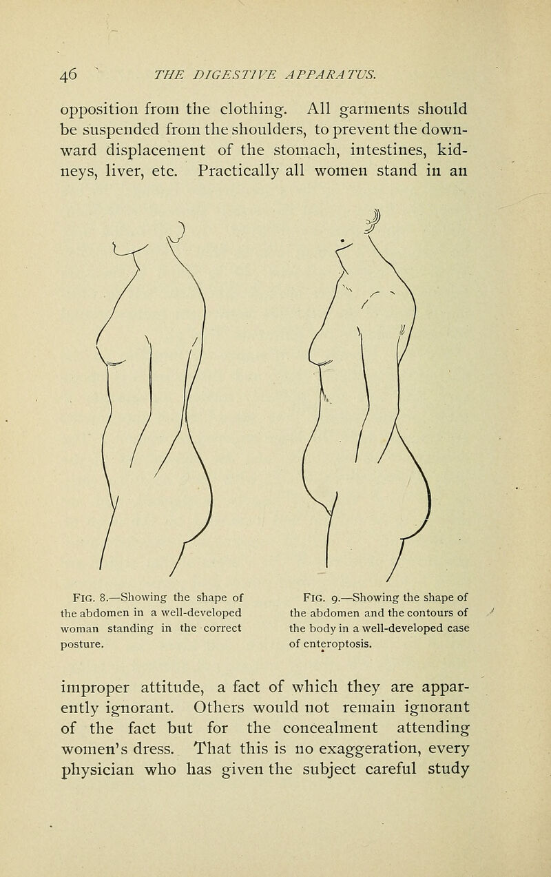 opposition from the clothing. All garments should be suspended from the shoulders, to prevent the down- ward displacement of the stomach, intestines, kid- neys, liver, etc. Practically all women stand in an Fig. 8.—Showing the shape of the abdomen in a well-developed woman standing in the correct posture. Fig. 9.—Showing the shape of the abdomen and the contours of the body in a well-developed case of enteroptosis. improper attitude, a fact of which they are appar- ently ignorant. Others would not remain ignorant of the fact but for the concealment attending women's dress. That this is no exaggeration, every physician who has given the subject careful study