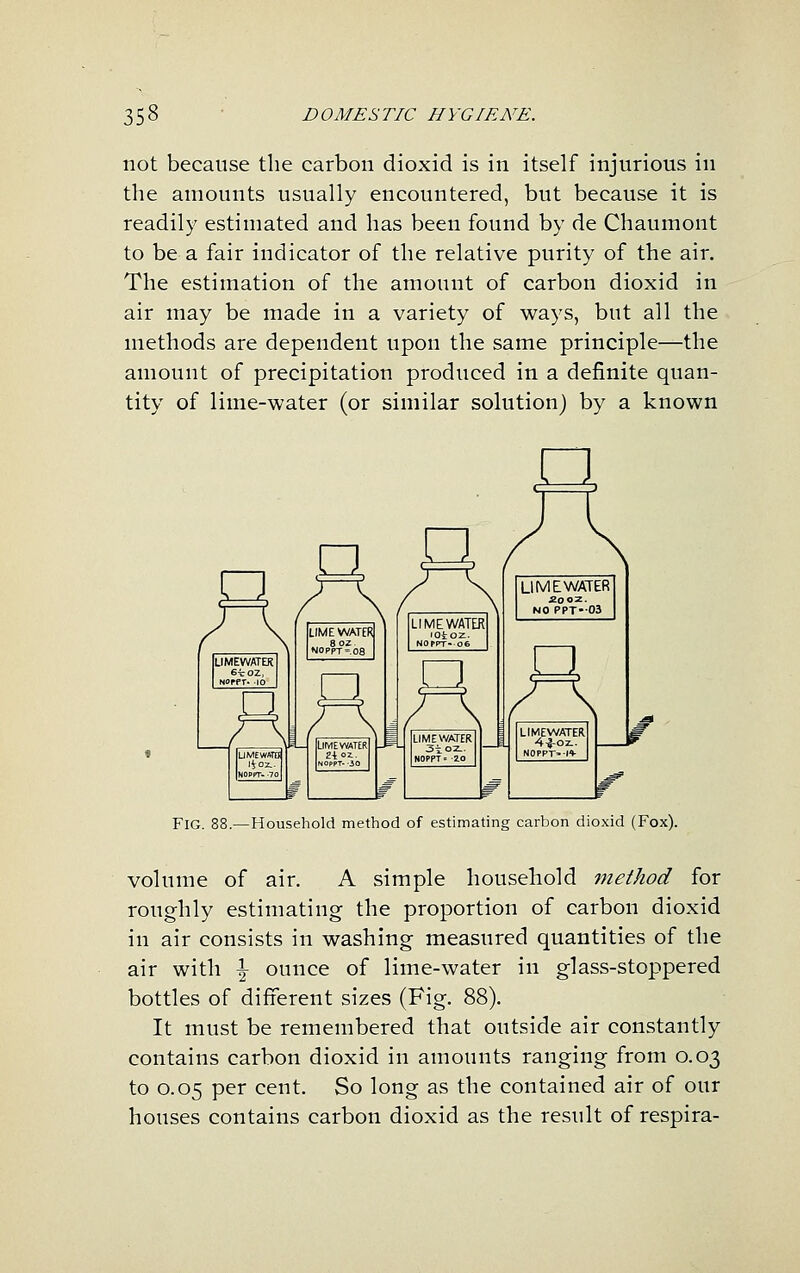 not because the carbon dioxid is in itself injurious in the amounts usually encountered, but because it is readily estimated and has been found by de Chaumont to be a fair indicator of the relative purity of the air. The estimation of the amount of carbon dioxid in air may be made in a variety of ways, but all the methods are dependent upon the same principle—the amount of precipitation produced in a definite quan- tity of lime-water (or similar solution) by a known □ / ^ s LIMEWATER 6tOZ, NOrfT. 10 I J, UMEWSID 1 Fig. -Household method of estimating carbon dioxid (Fox). volume of air. A simple household method for roughly estimating the proportion of carbon dioxid in air consists in washing measured quantities of the air with \ ounce of lime-water in glass-stoppered bottles of different sizes (Fig. 88). It must be remembered that outside air constantly contains carbon dioxid in amounts ranging from 0.03 to 0.05 per cent. So long as the contained air of our houses contains carbon dioxid as the result of respira-